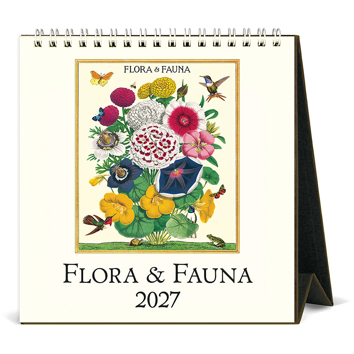 Flora & Fauna 2027 calendar with colorful illustrations of flowers and animals on a white background.