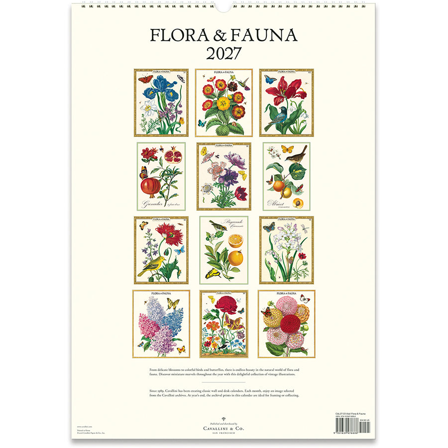 A hanging 2027 wall calendar titled 'FLORA & FAUNA' with an illustrated vintage botanical and zoological print on the cover, shown against a plain white background.