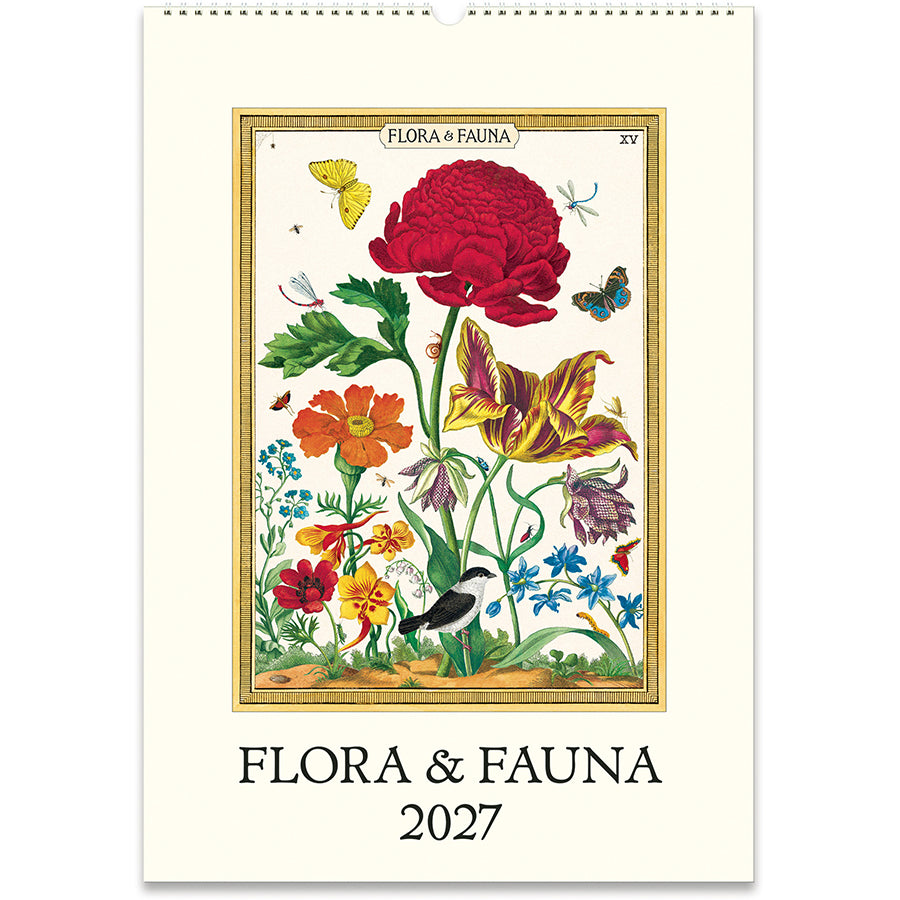 A hanging 2027 wall calendar titled 'FLORA & FAUNA' with an illustrated vintage botanical and zoological print on the cover, shown against a plain white background.