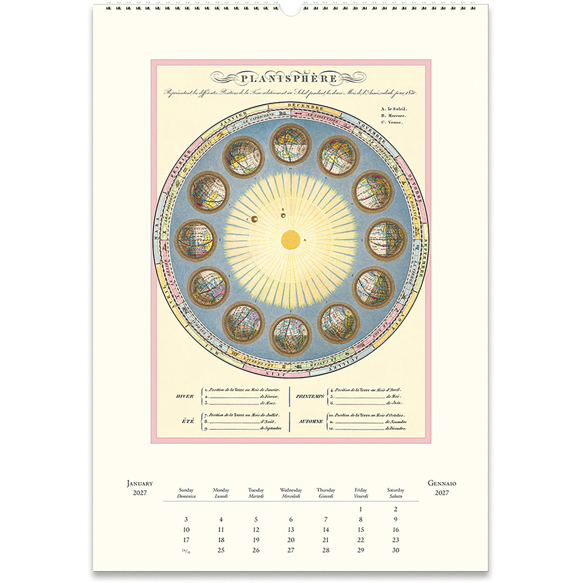 A vintage-style wall calendar page showing a circular celestial map labeled 'PLANISPHERE' with illustrated sun and planets, plus monthly calendar grids at the bottom.