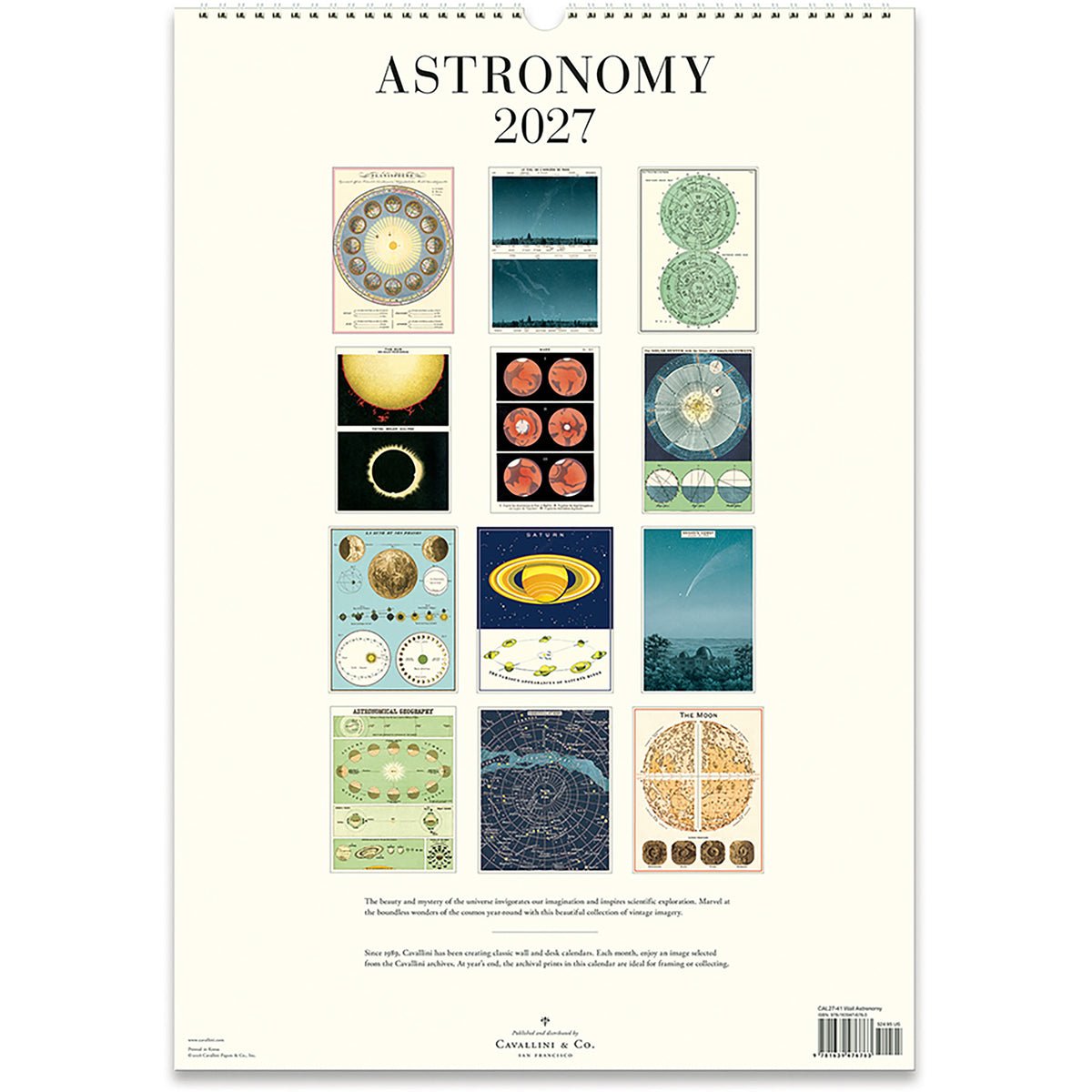 A 2027 wall calendar titled 'ASTRONOMY' with multiple celestial and scientific illustration panels arranged on an off-white page. The back of the calendar shows titles such as planetary diagrams, telescopic views, charts, and space-themed artwork.