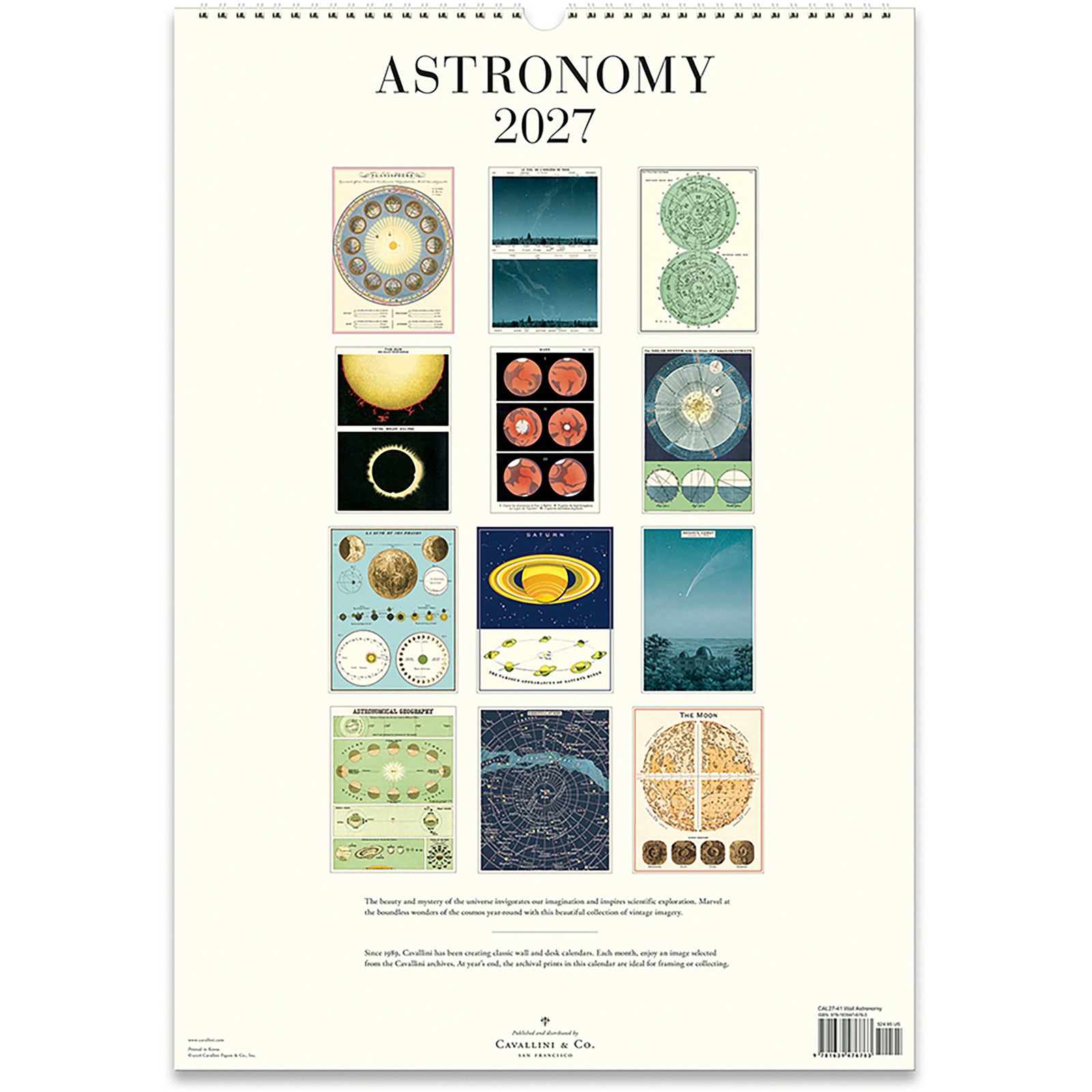 A hanging wall calendar cover for Astronomy 2027, featuring a stylized Saturn illustration with a yellow ring against a dark blue starry sky and a lower section showing multiple ring appearances. The calendar has an off-white border and the word Saturn printed at the top of the artwork.