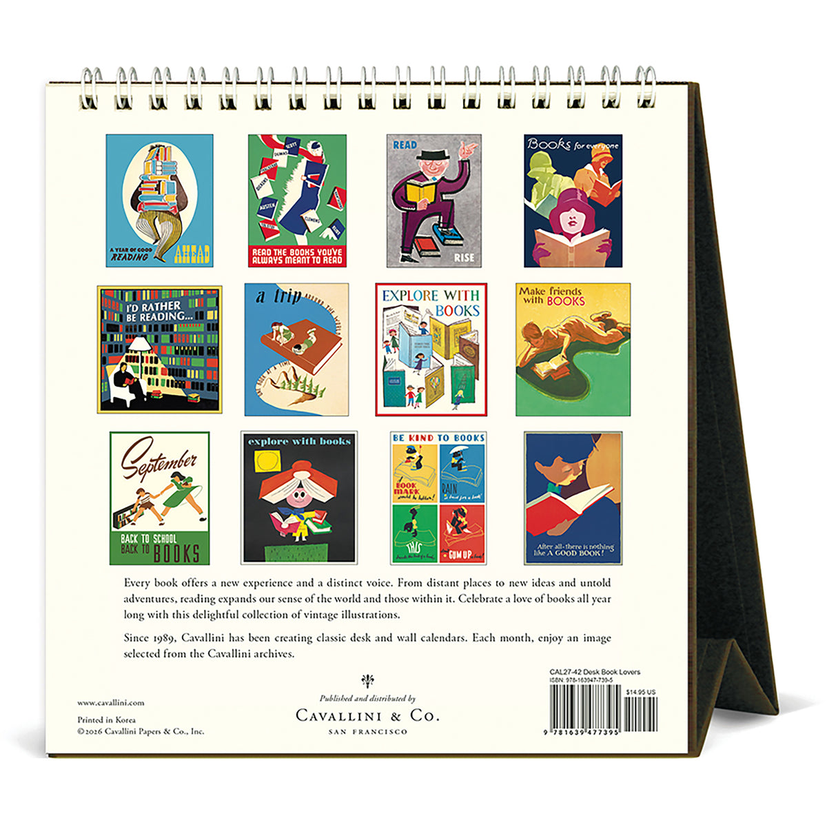 A spiral-bound Cavallini & Co. desk calendar shown from the back, featuring a grid of colorful vintage-style book cover illustrations and product text on a white background.