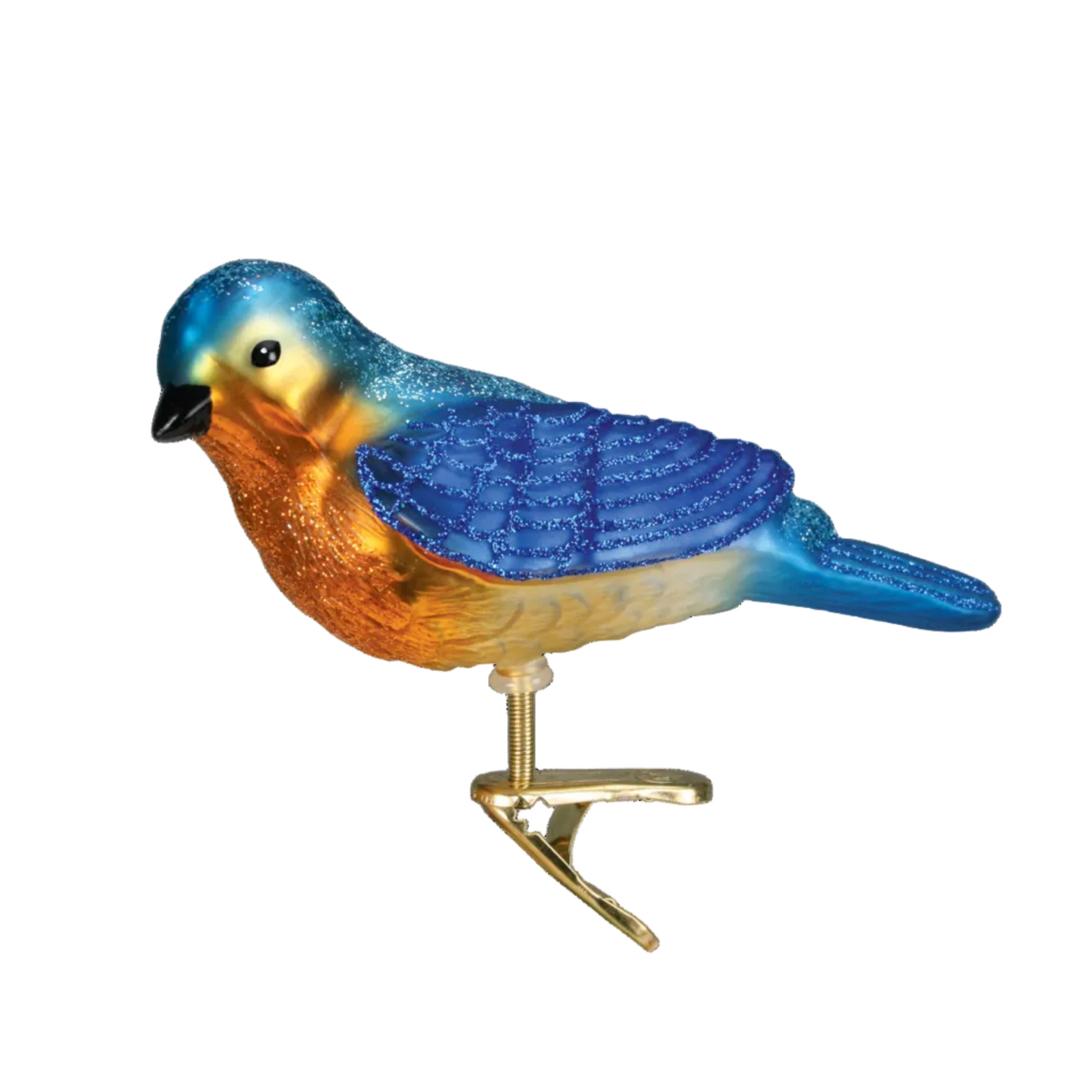 A decorative bird ornament shaped like a bluebird, with a glittery blue head and wings, a warm orange chest, and a gold metal clip at the bottom, shown on a plain white background.