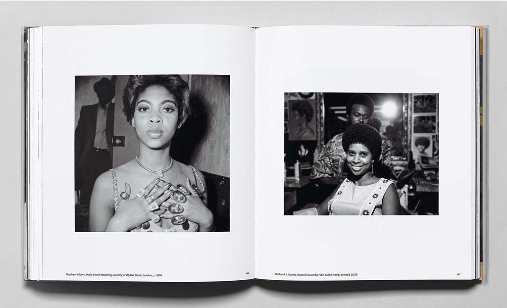 Open book displaying black and white photographs of a woman in a room.