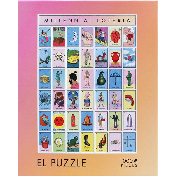 A 1000-piece jigsaw puzzle box titled 'MILLENNIAL LOTERÍA' with a colorful grid of cartoon-style Mexican-style tarot cards on a pink-to-peach gradient background.