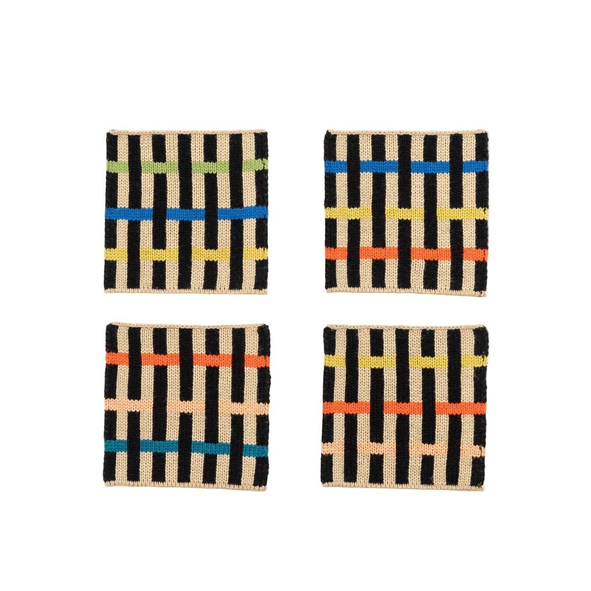 Four square woven coasters with a black and beige geometric pattern and colorful stripes in blue, green, yellow, and orange, arranged in a 2x2 grid on a light gray background.