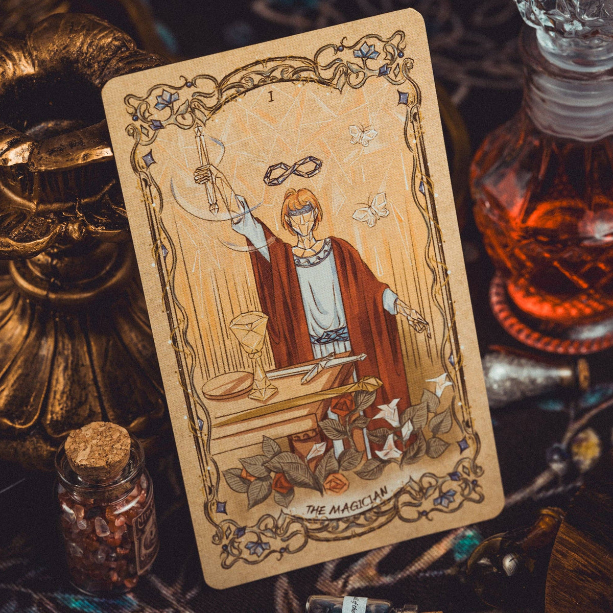 Tarot card titled 'The Magician' with mystical elements on a dark background