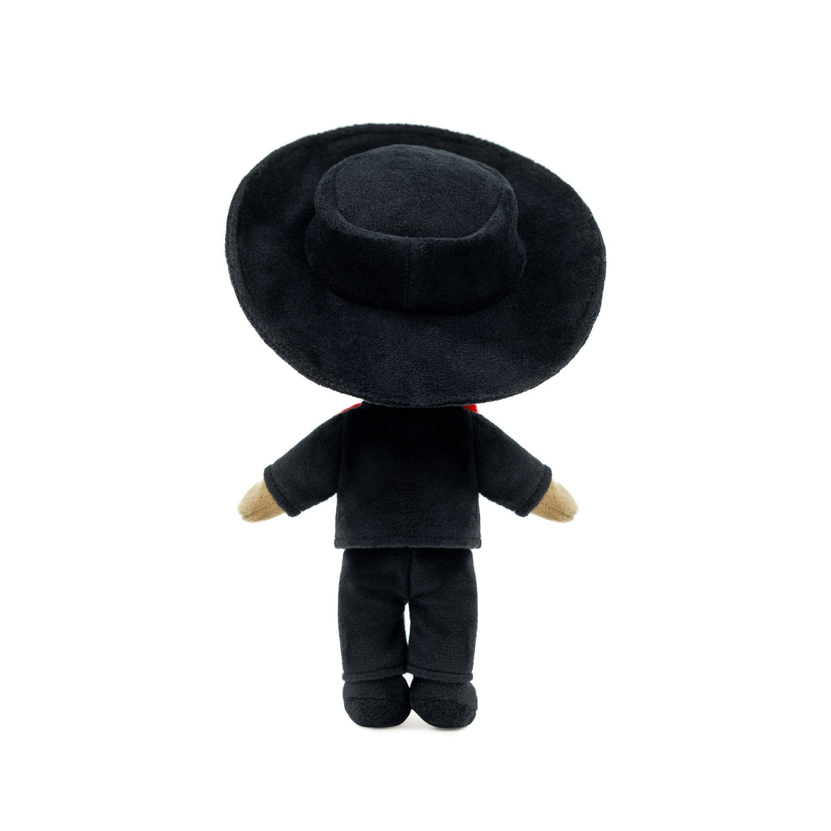 Black plush toy with a hat on a white background