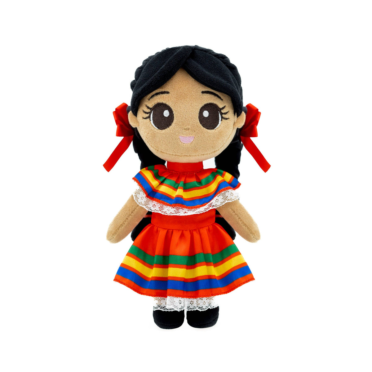 Plush doll with a colorful dress on a white background