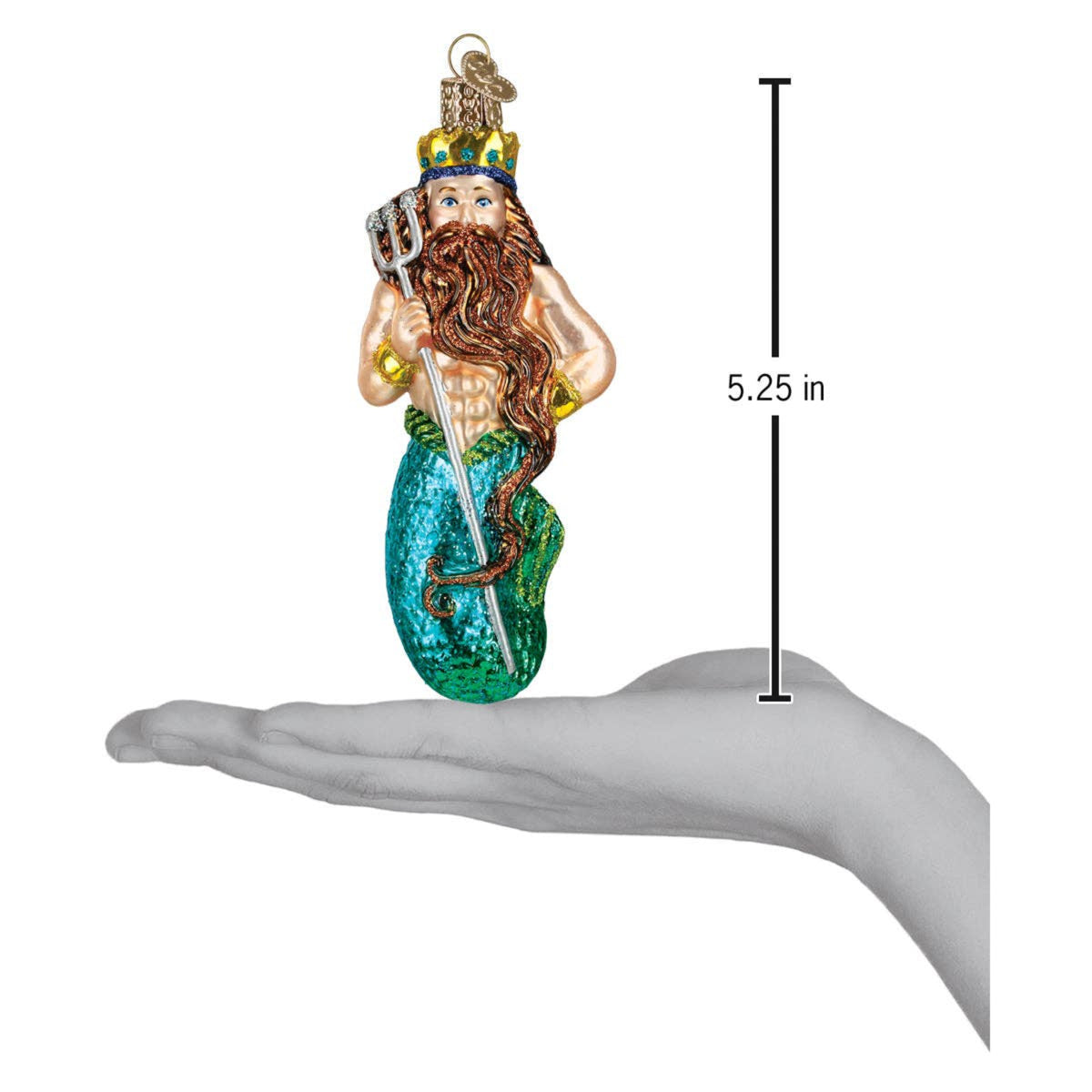Mermaid ornament with a sword, displayed on a hand with measurement label.