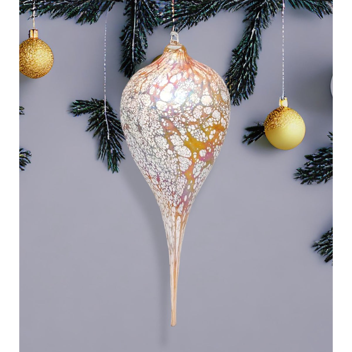 Iridescent Glass Ornament – White Crackle Cone