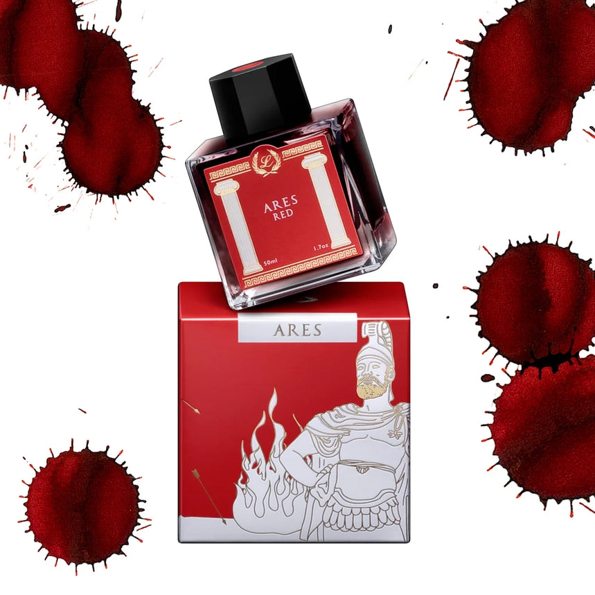 Ares Red ink bottle and packaging with red abstract designs on a white background