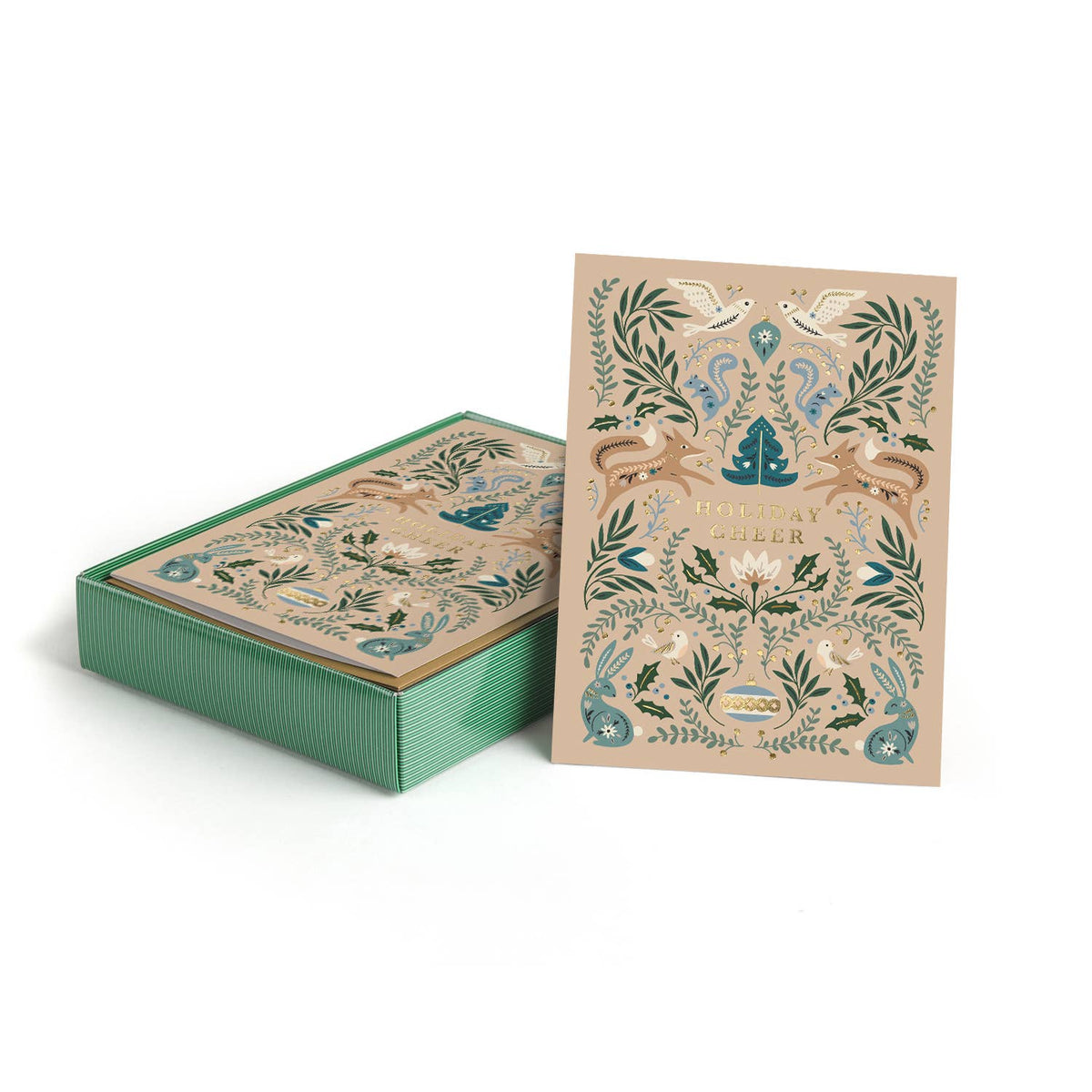 A decorative illustrated card set with a matching green box, shown on a clean white background. The card features a symmetrical botanical and bird design in beige, green, blue, and gold tones, with the text 'BIRDS AND PLANTS' visible on the front.