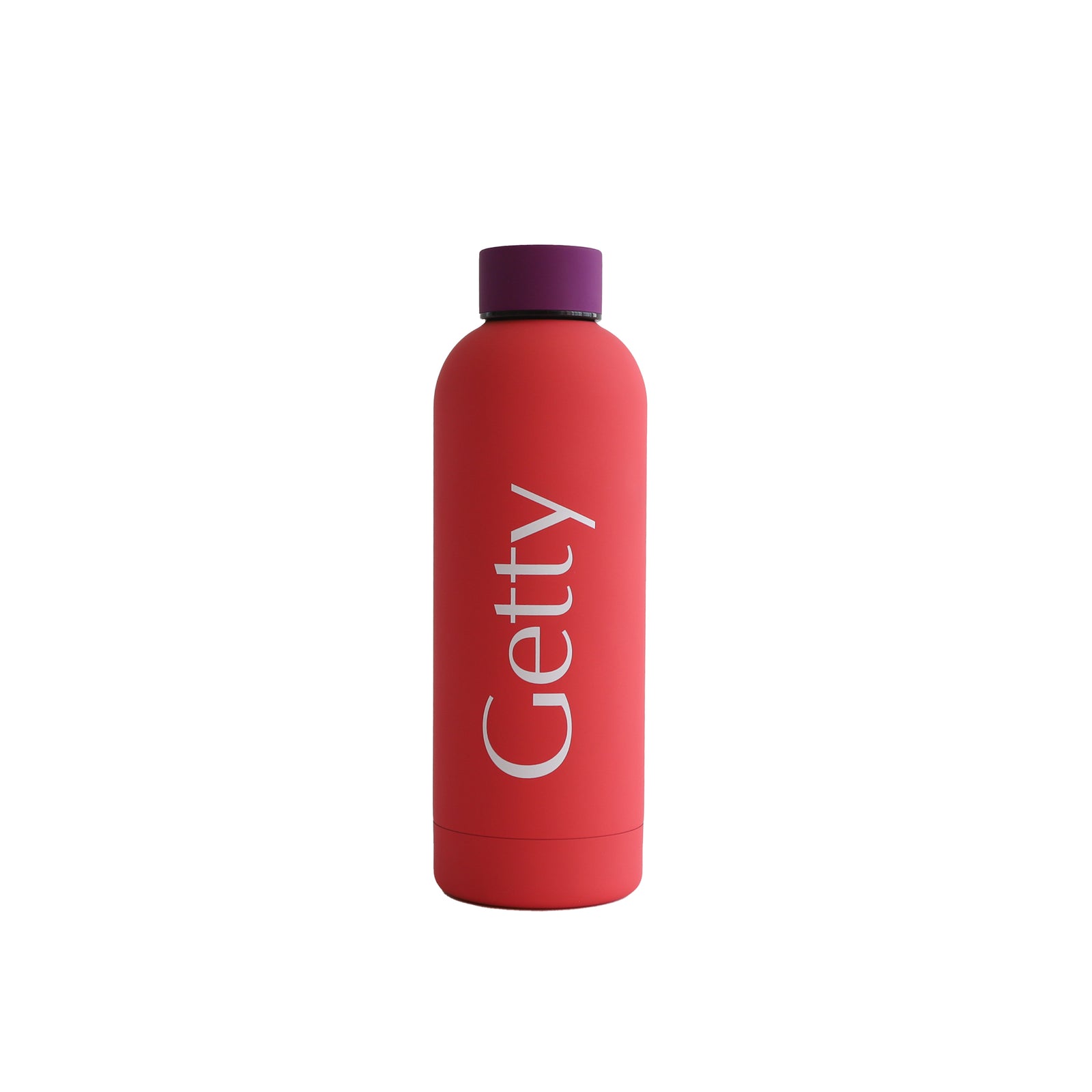 Red water bottle with 'Getty' branding on a white background