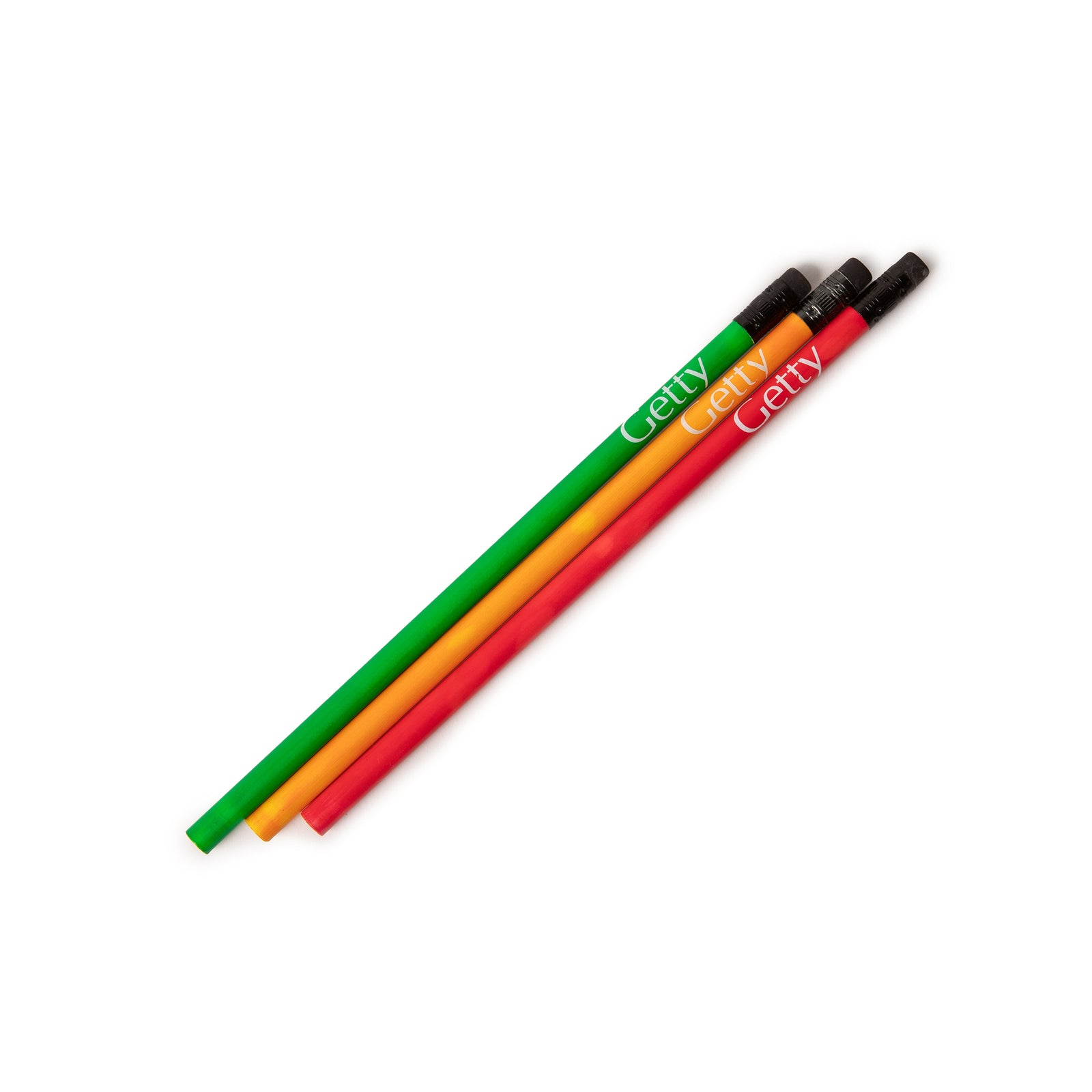 A set of three color changing pencils in red, green, and yellow, each featuring the 'Getty' logo along the side.