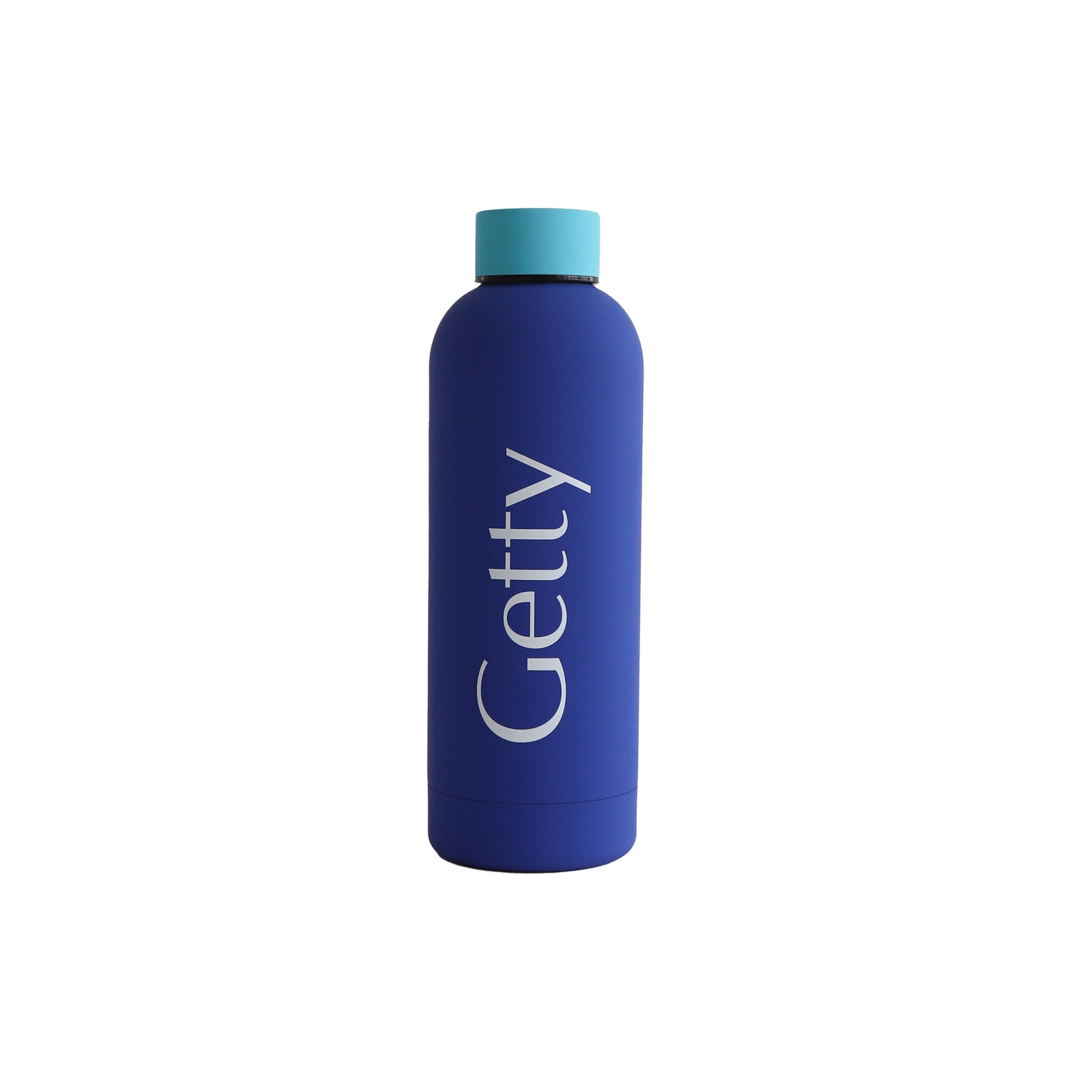 Blue water bottle with 'Getty' branding on a white background