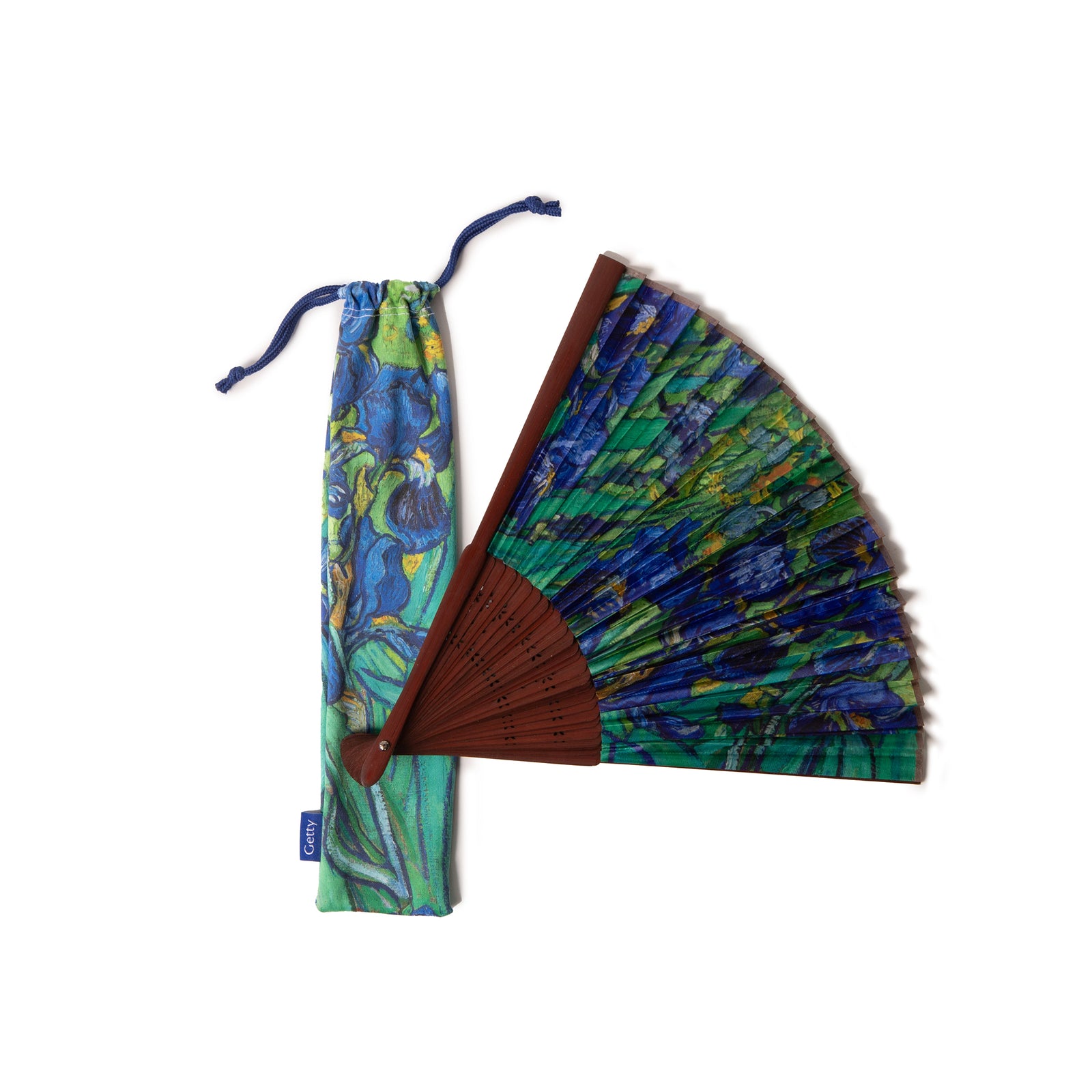 A folding hand fan with a printed design resembling Vincent van Gogh's painting 'Irises'.