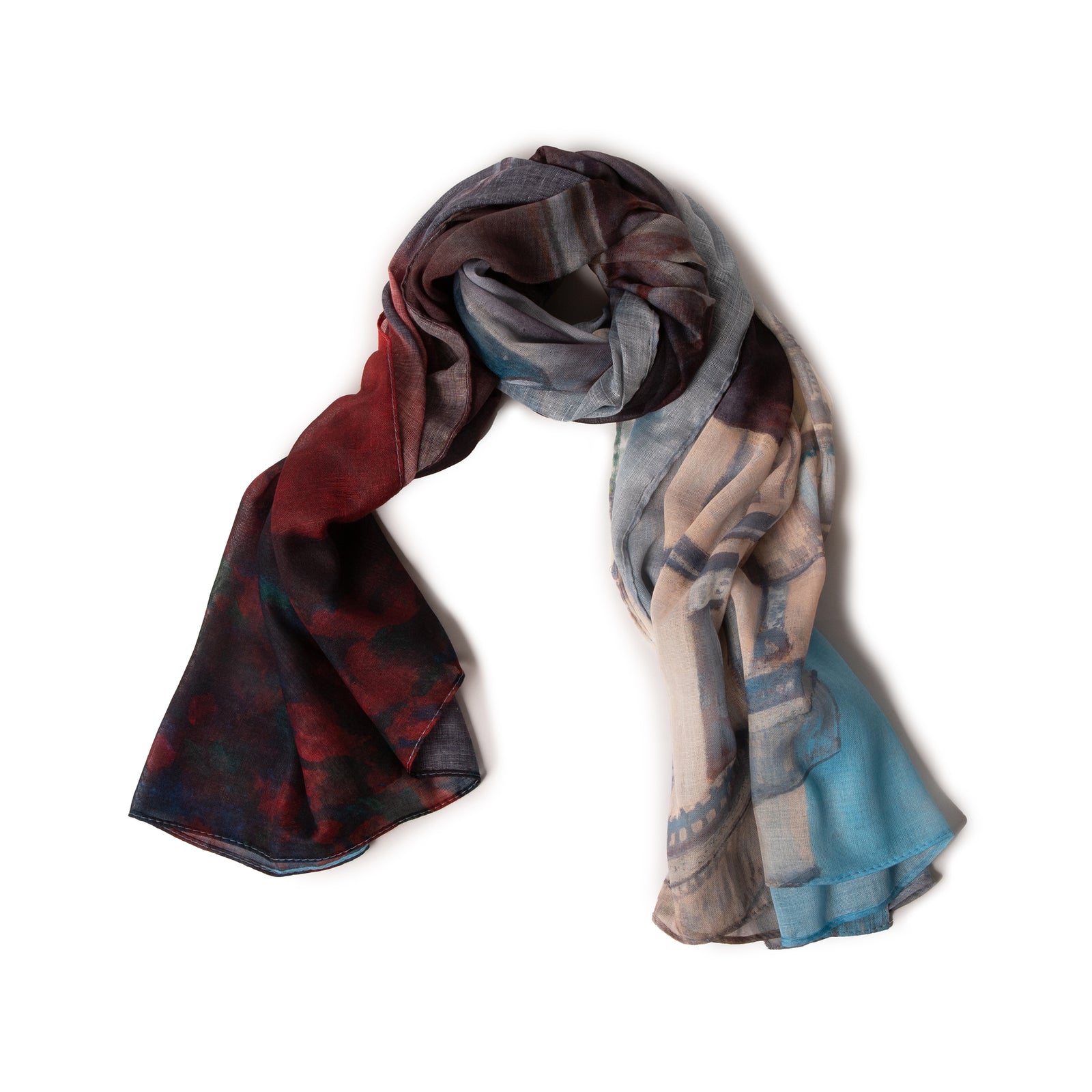 A polyester scarf with a multicolored design inspired by the painting 'Young Man at His Window' by Gustave Caillebotte.