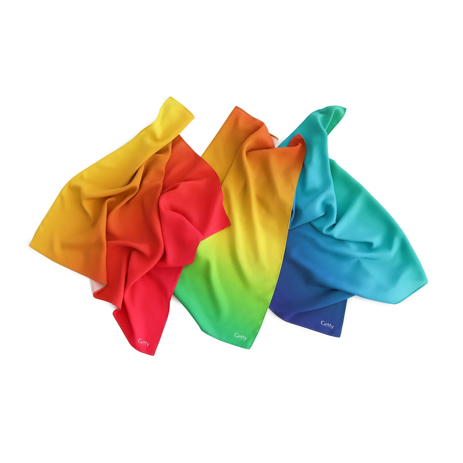 3 colorful bandanas in yellow, orange, red, green, and blue on a white background.