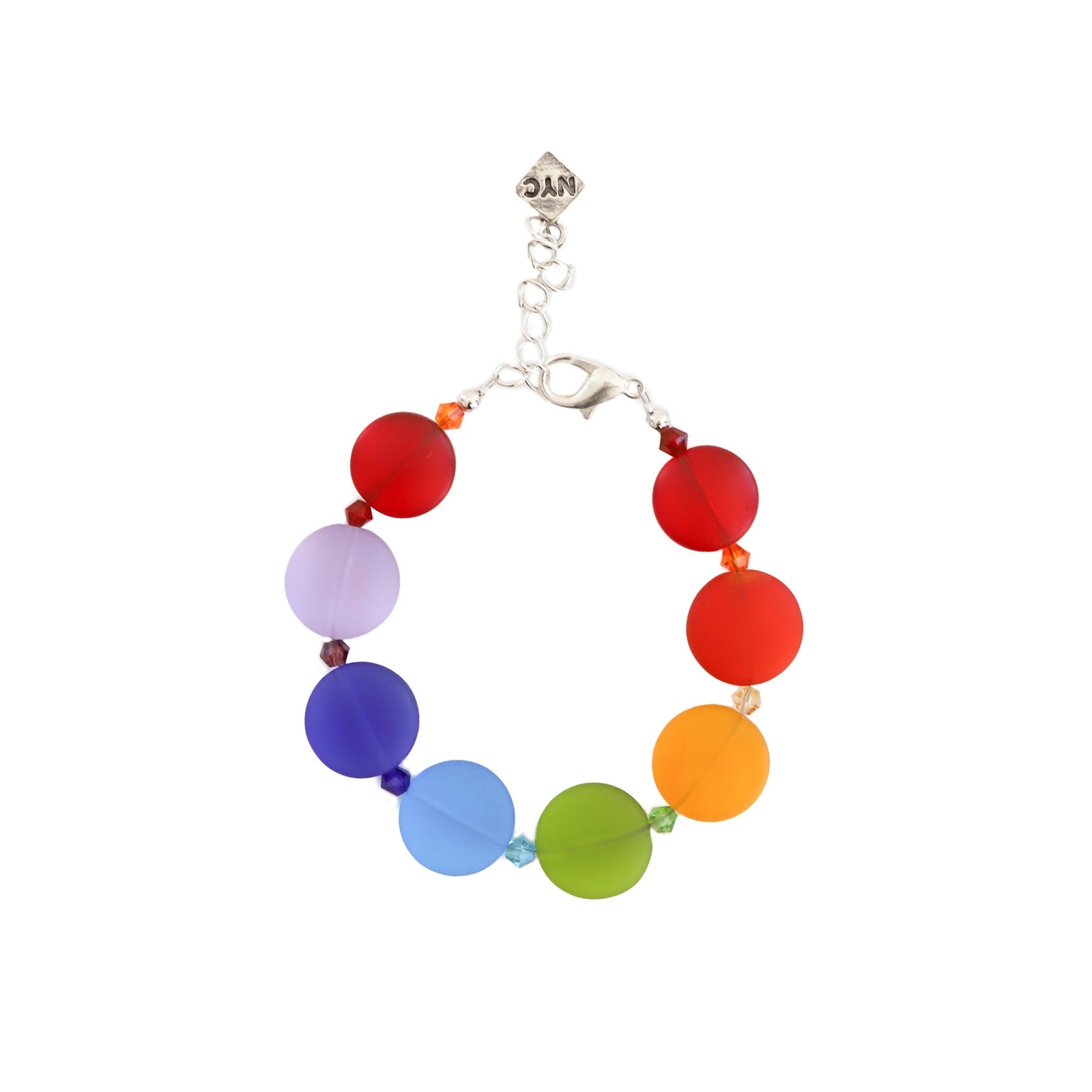 Colorful beaded bracelet with a silver clasp on a white background