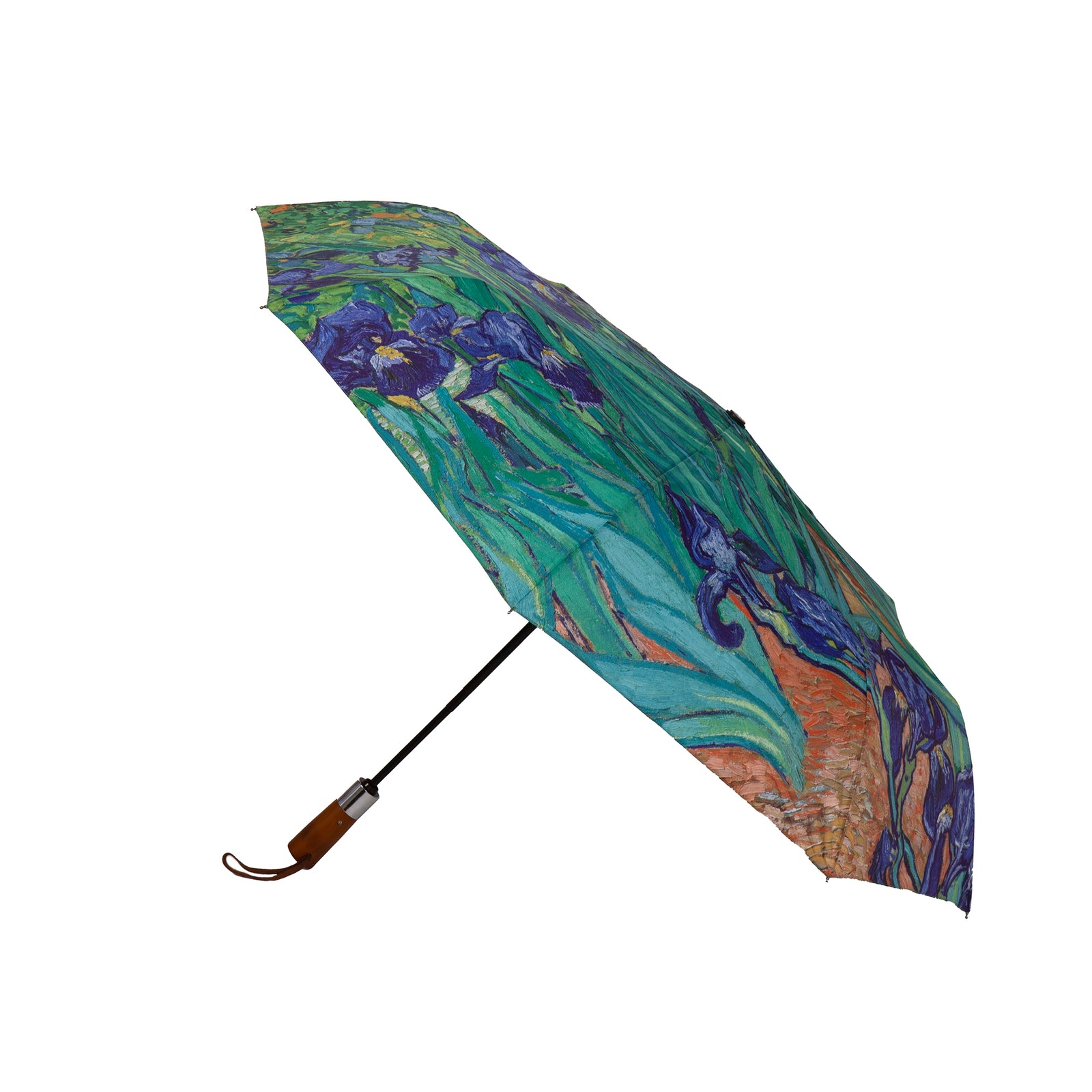 A single layer travel umbrella with a wooden handle, featuring a printed design based on Vincent van Gogh's painting 'Irises'.