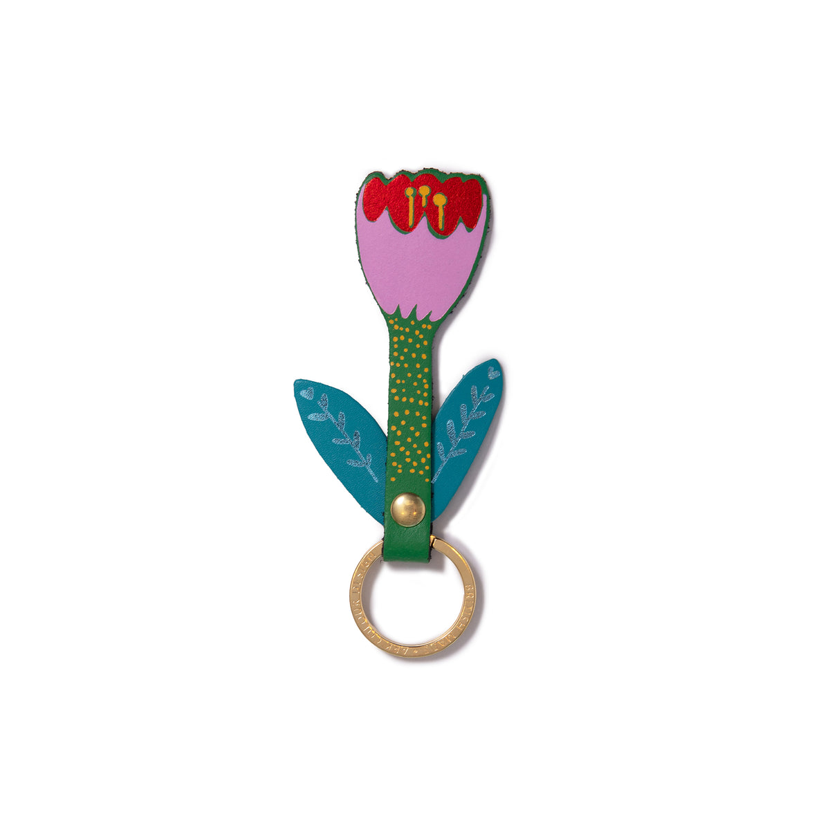 Floral-themed keychain with a pink flower and green stem on a white background
