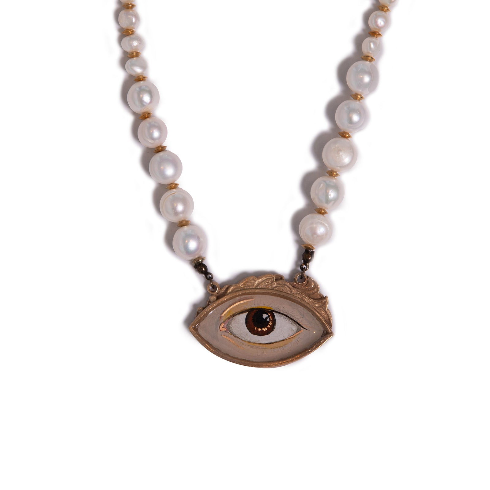 Pearl necklace with an eye-shaped pendant on a white background
