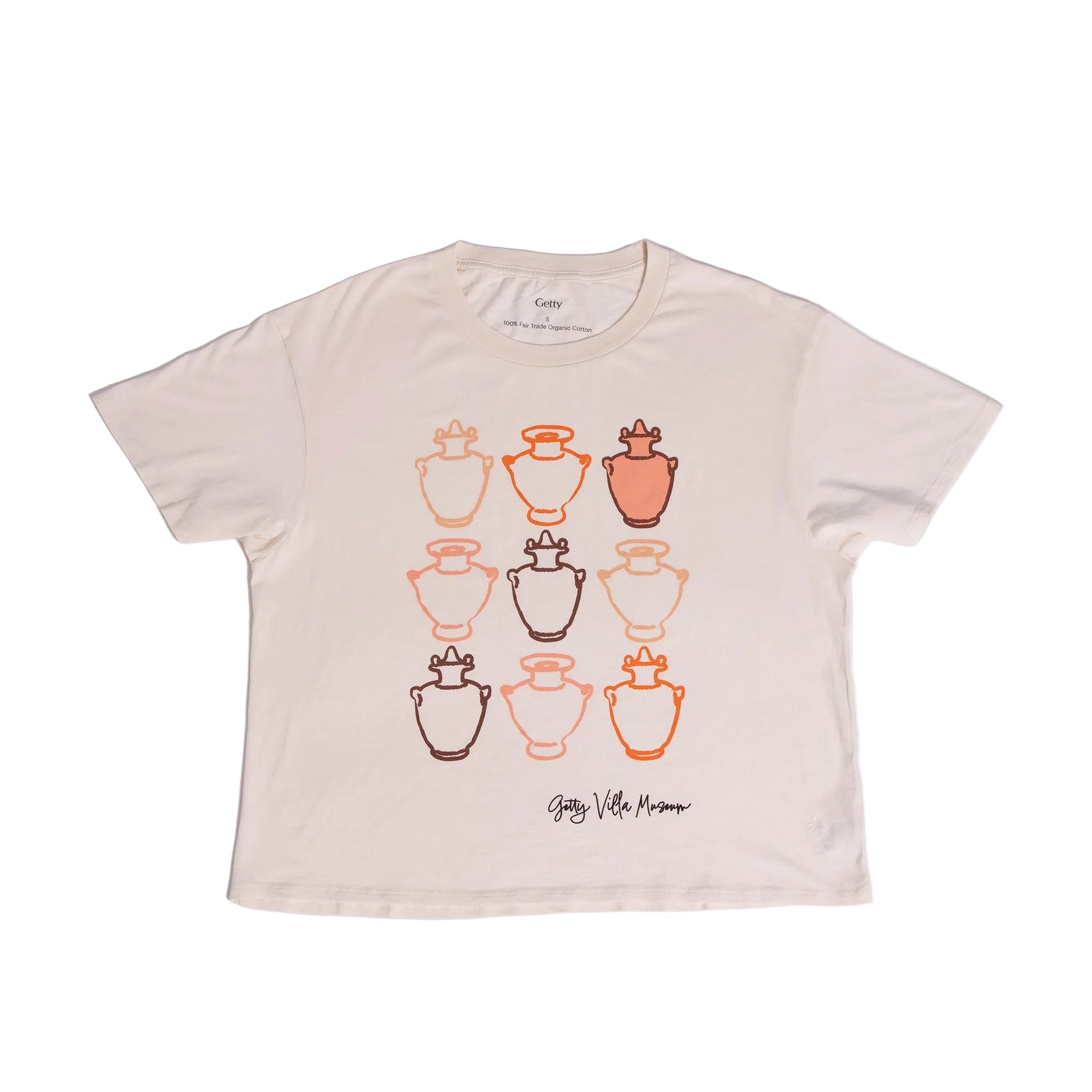 Beige t-shirt with graphic design of ancient vessels on a white background