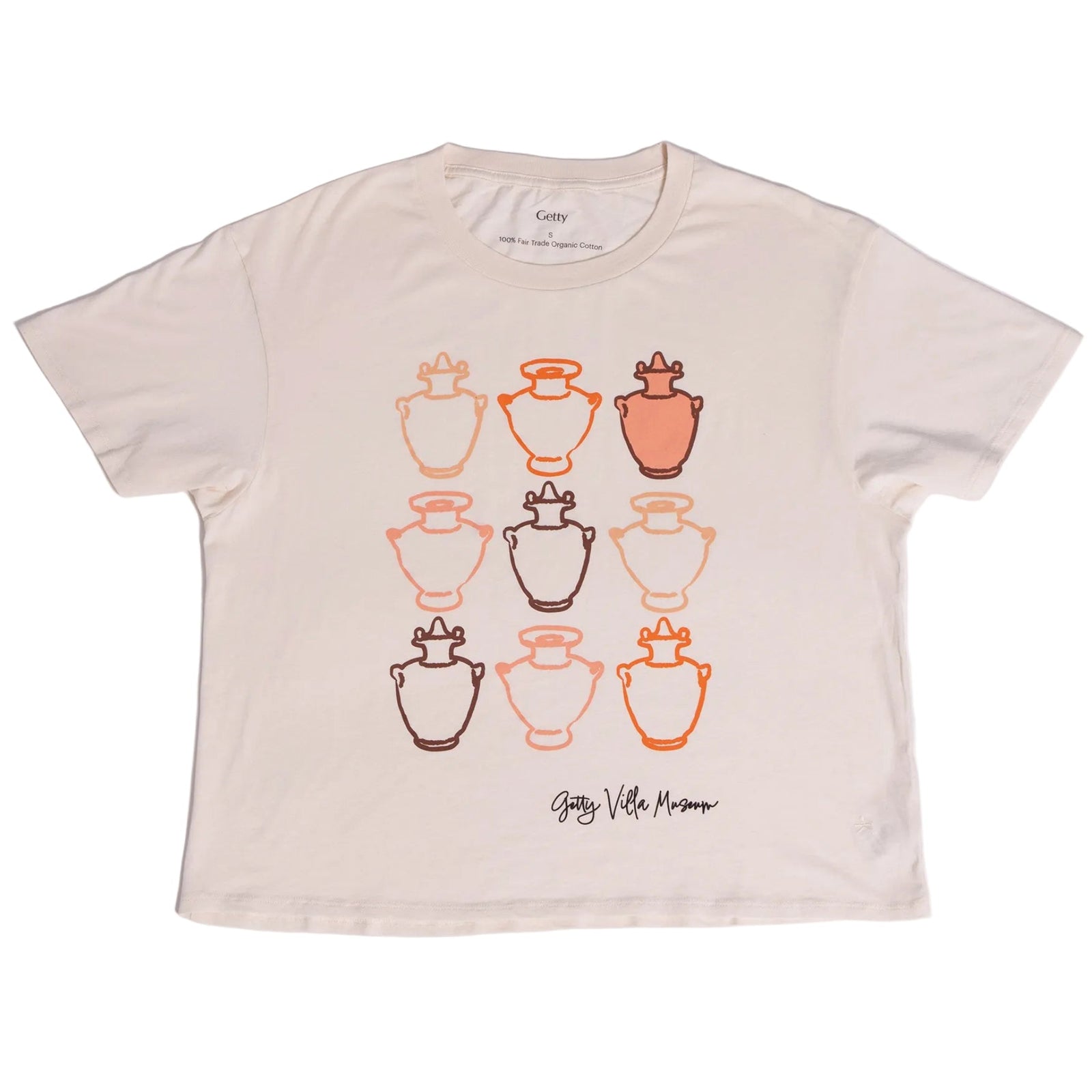 Beige t-shirt with graphic design of vases on a white background
