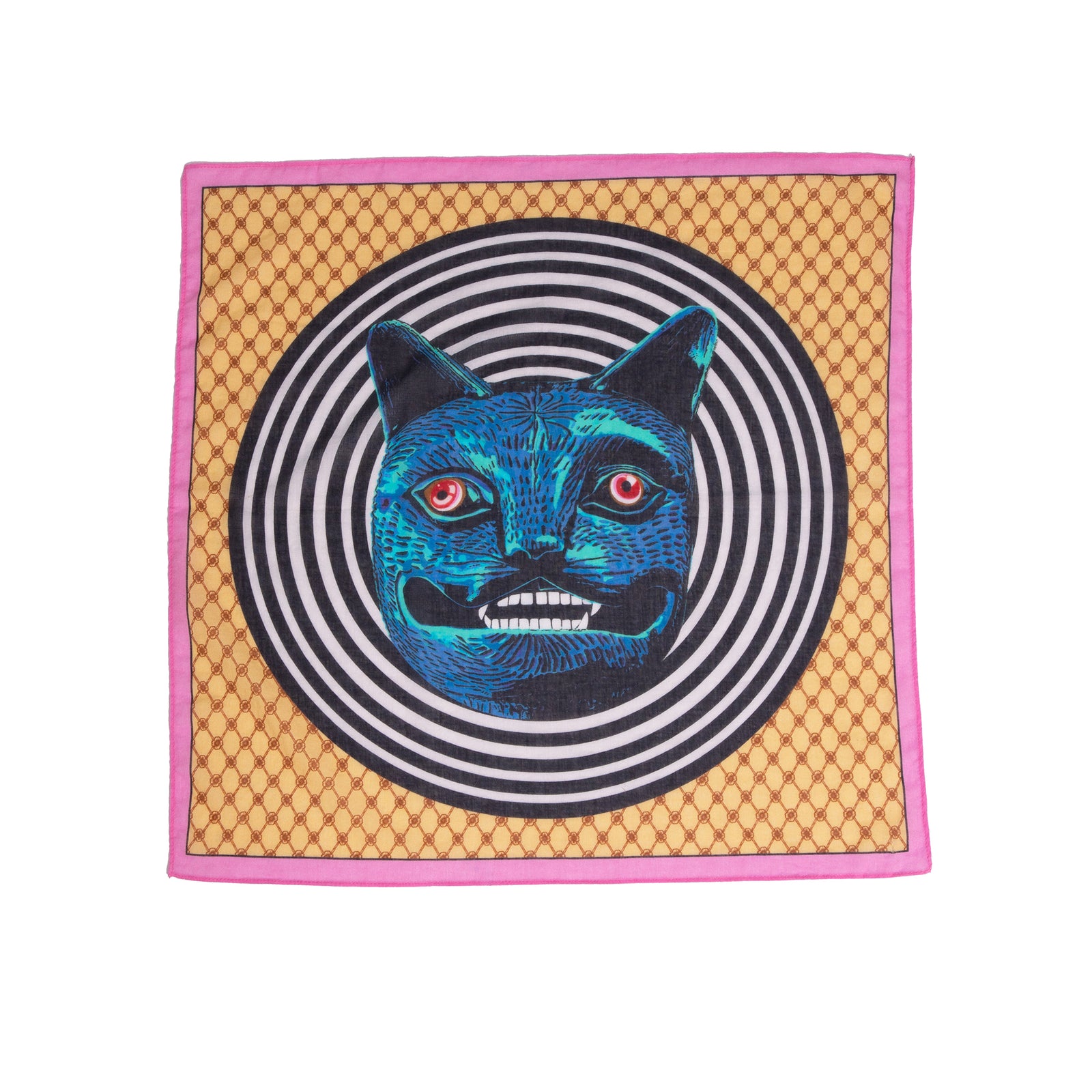 Square patch with a blue cat face design on a beige background