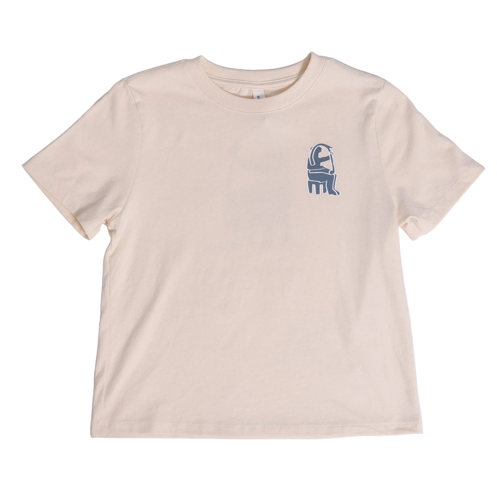 Beige t-shirt with a blue graphic 