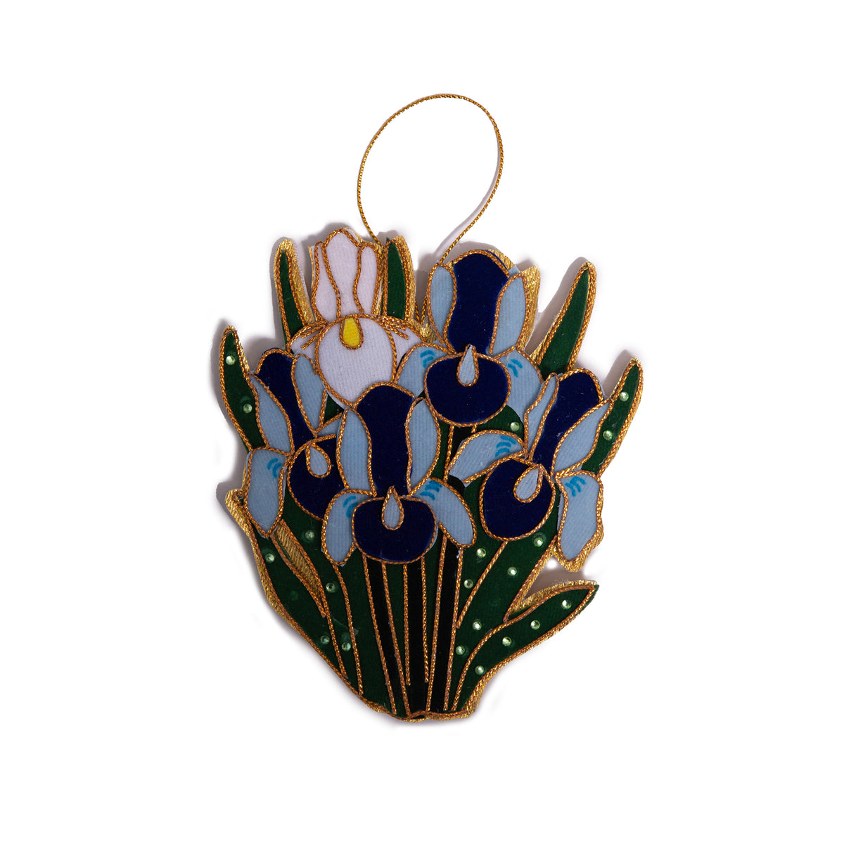 Decorative irises ornament with blue, white, and green colors on a white background