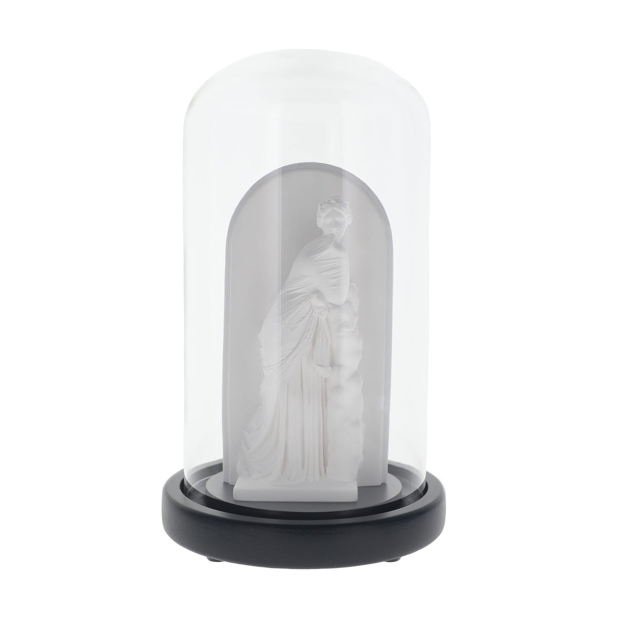 A white classical-style statue of a draped figure displayed inside a clear glass dome with a black circular base, isolated on a white background.