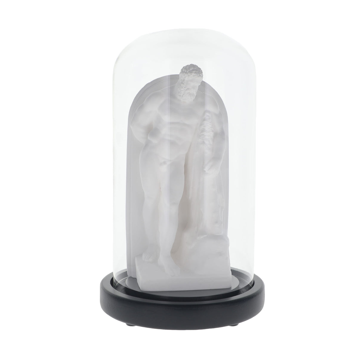A white classical-style statue displayed inside a clear glass cloche dome with a black circular base, photographed on a plain white background.