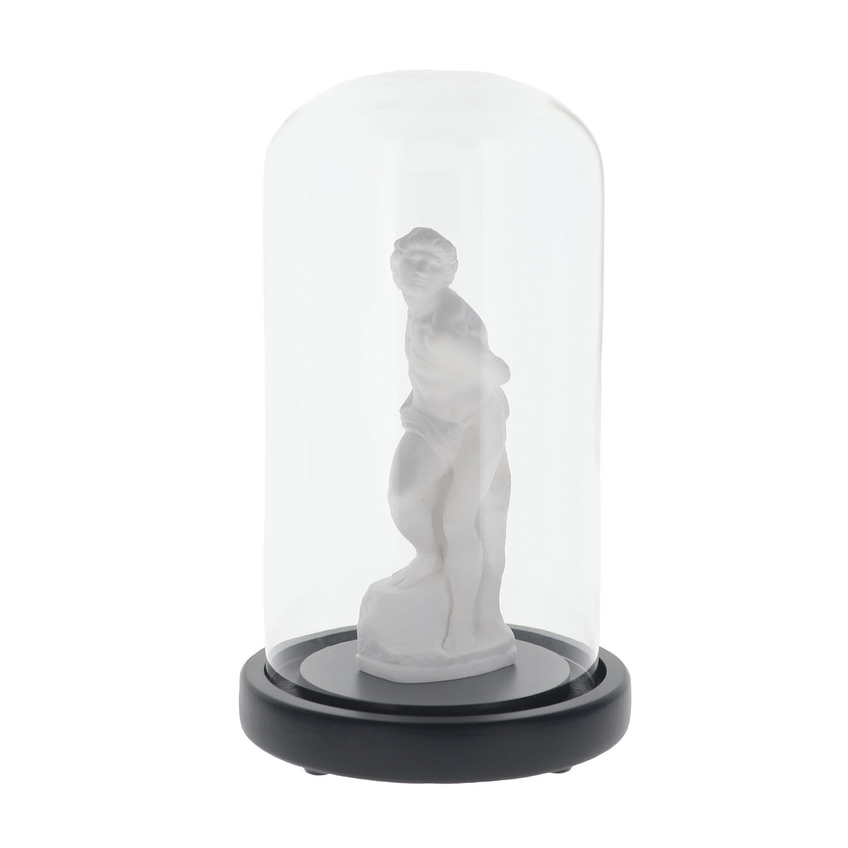 A white classical-style nude male statue displayed inside a clear glass dome cloche on a round black base, isolated on a white background.