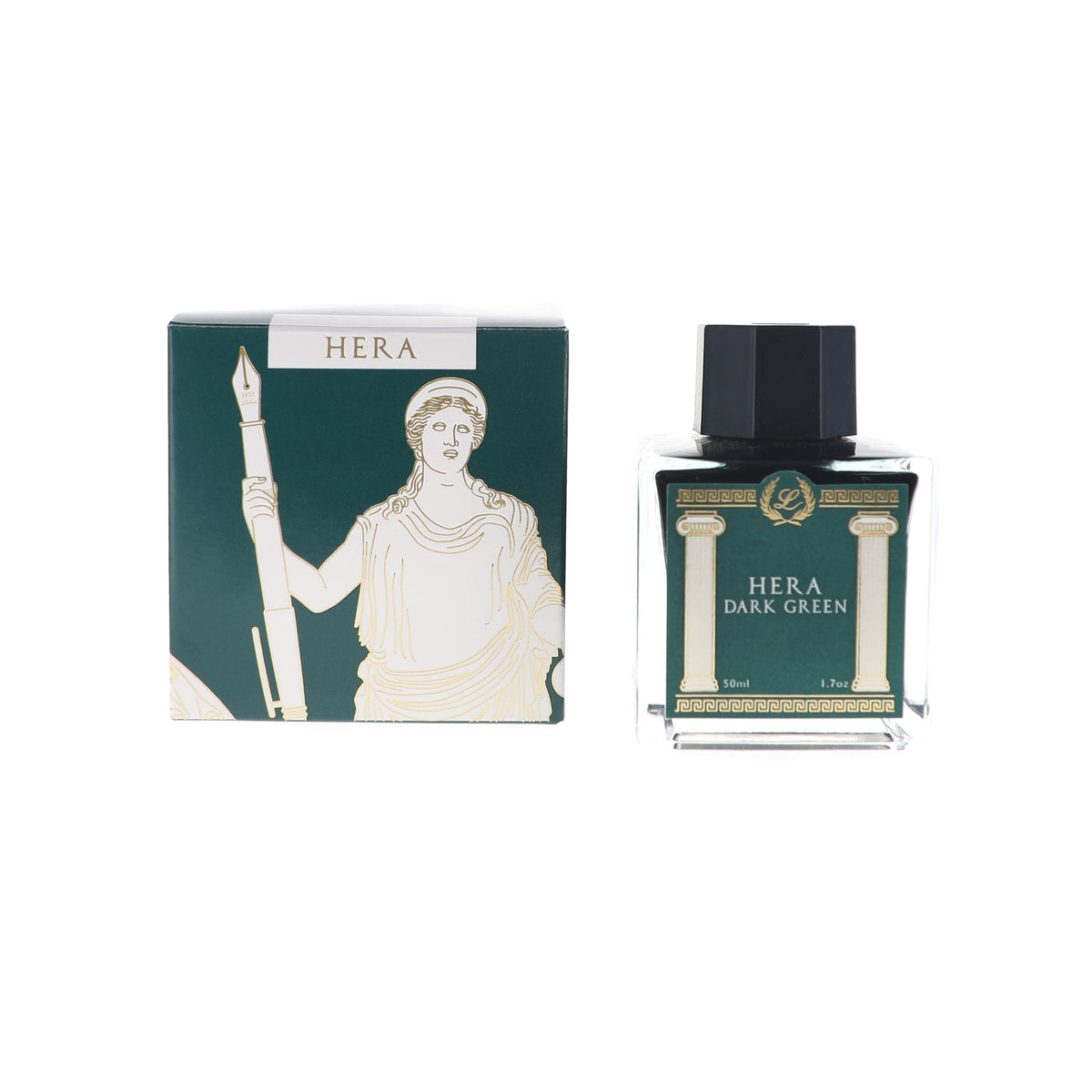 Hera Dark Green ink bottle and its matching box, featuring a dark green color with gold and white classical column and goddess illustration.