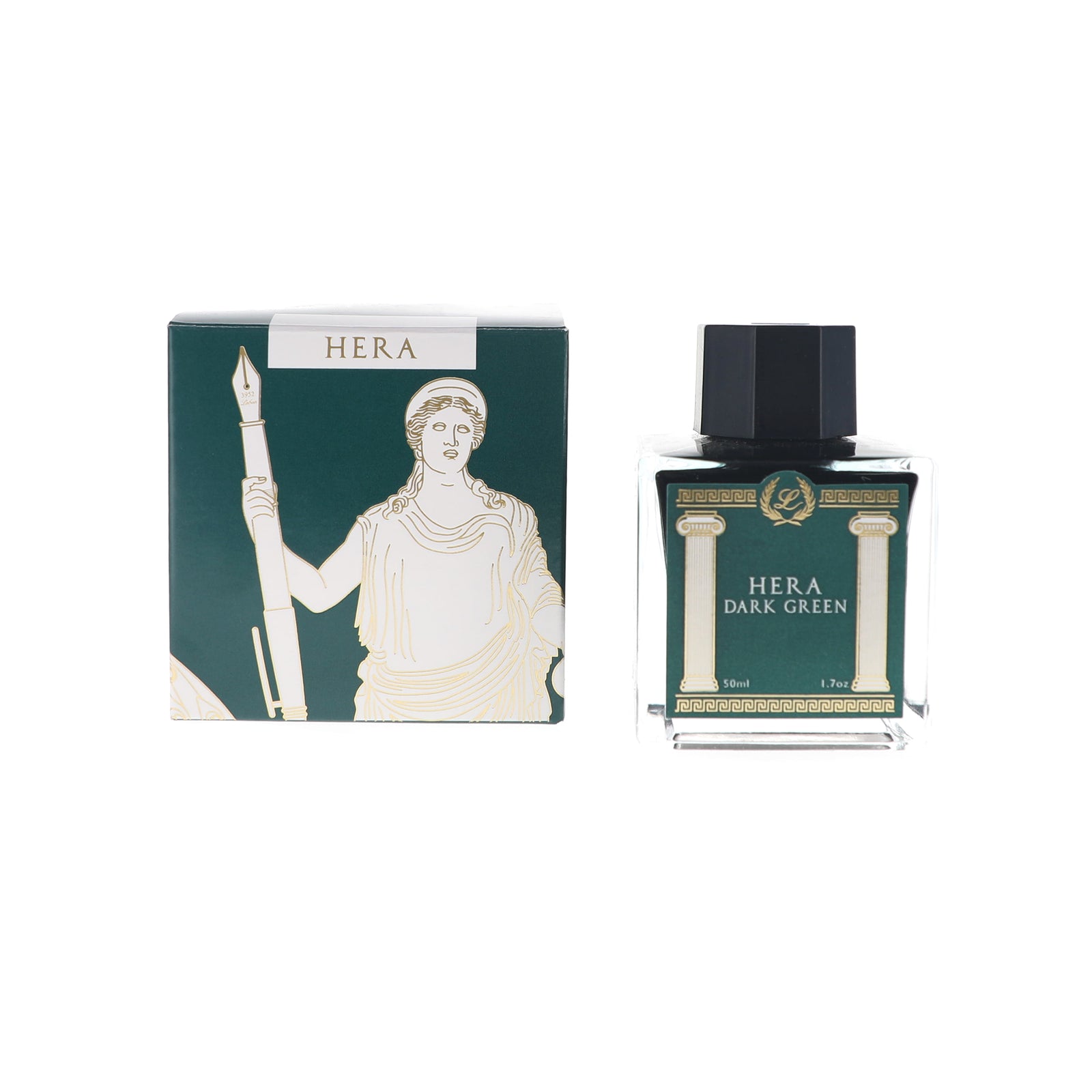 Hera Dark Green ink bottle and its matching box, featuring a dark green color with gold and white classical column and goddess illustration.
