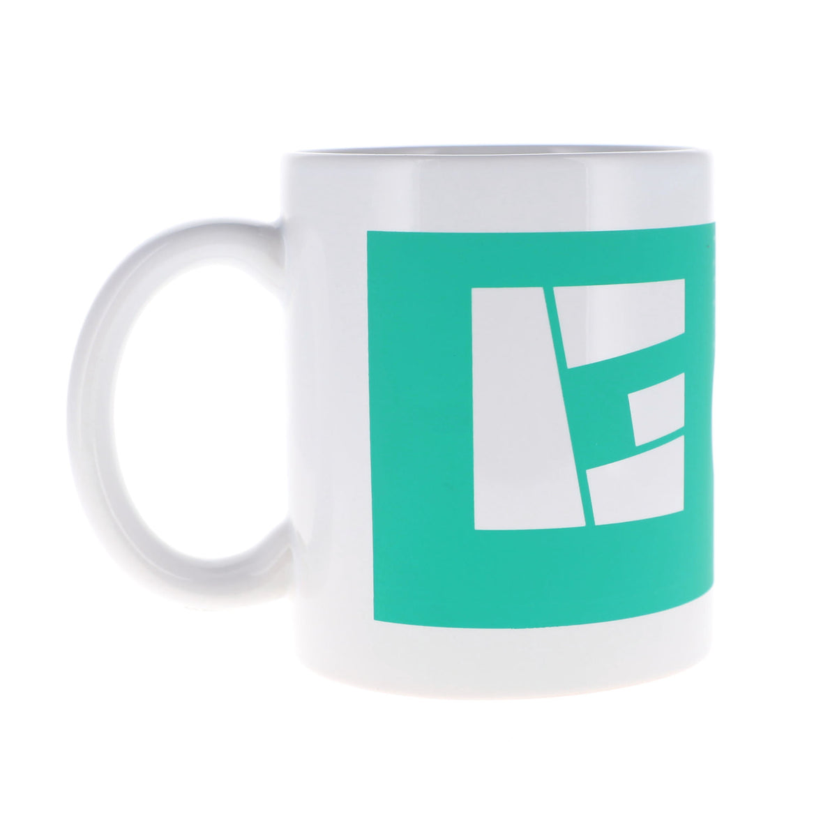 A white ceramic mug featuring a large teal square graphic on the side with a white geometric logo, set against a plain white background.