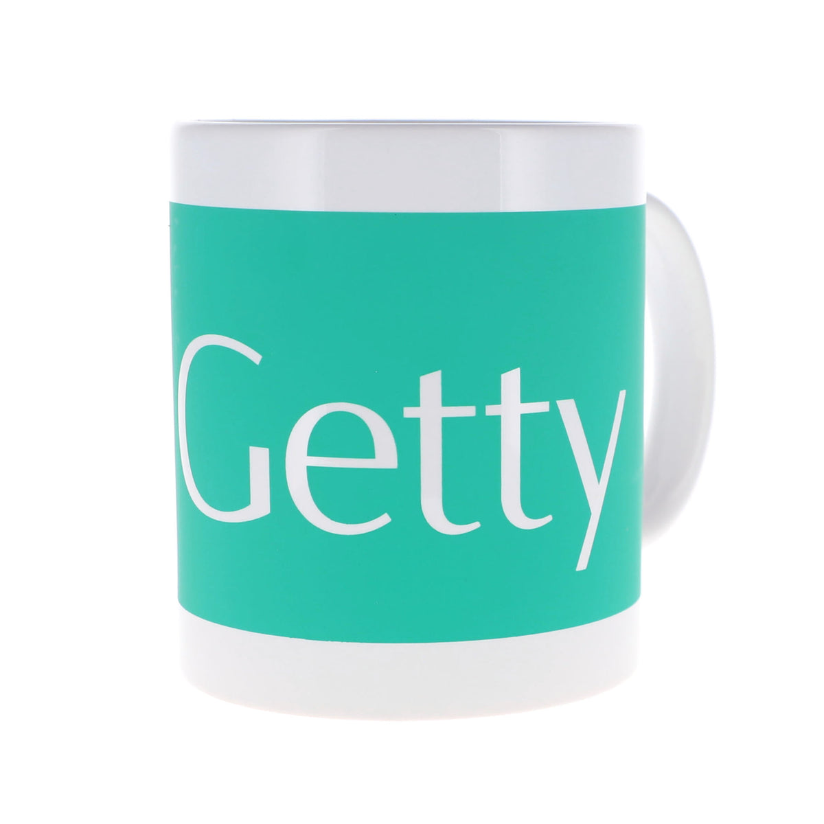 A white ceramic mug with a teal band around the middle featuring the word 'Getty' in white serif lettering, shown on a plain white background.