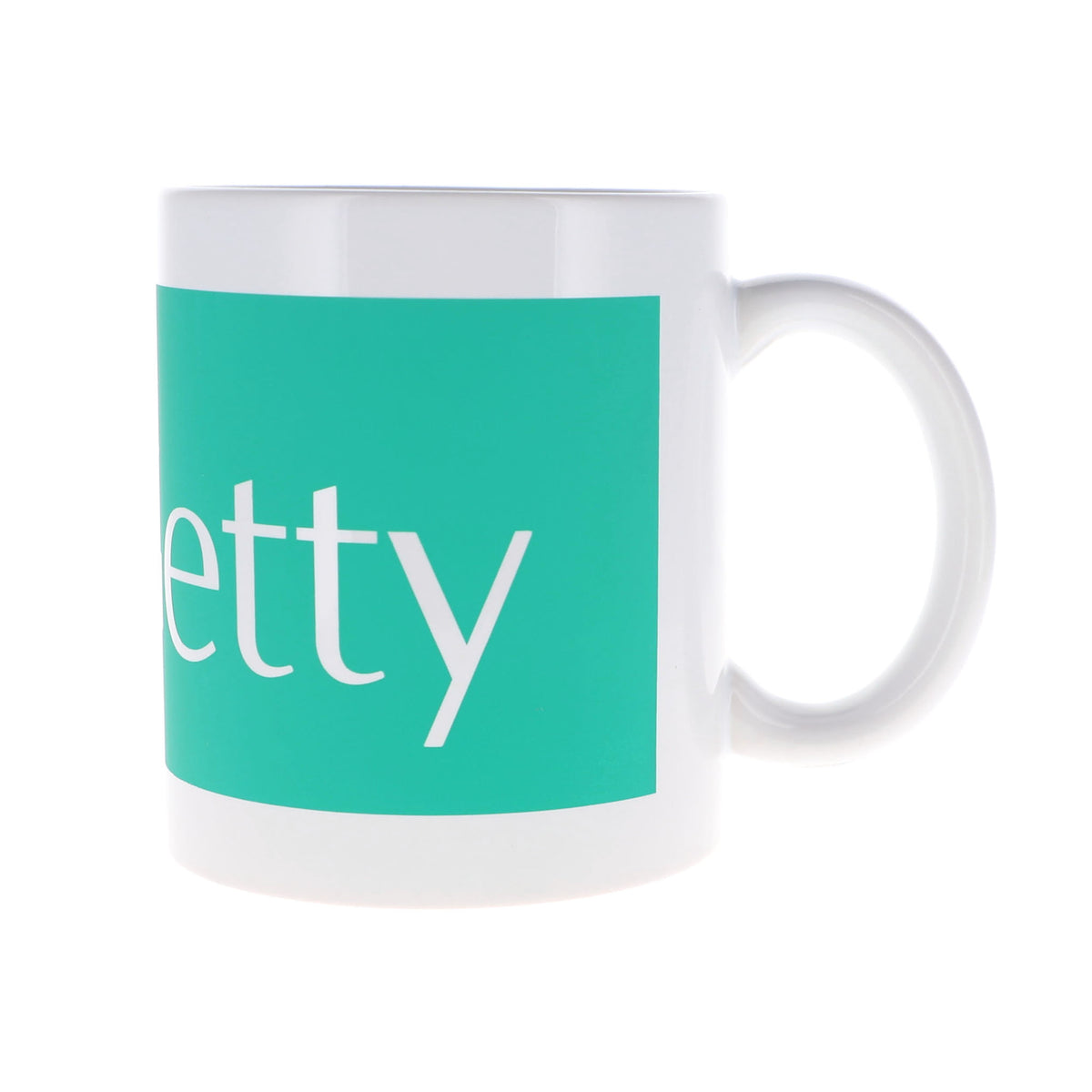 A white ceramic mug with a teal square graphic on the side featuring the partial white text 'etty'.