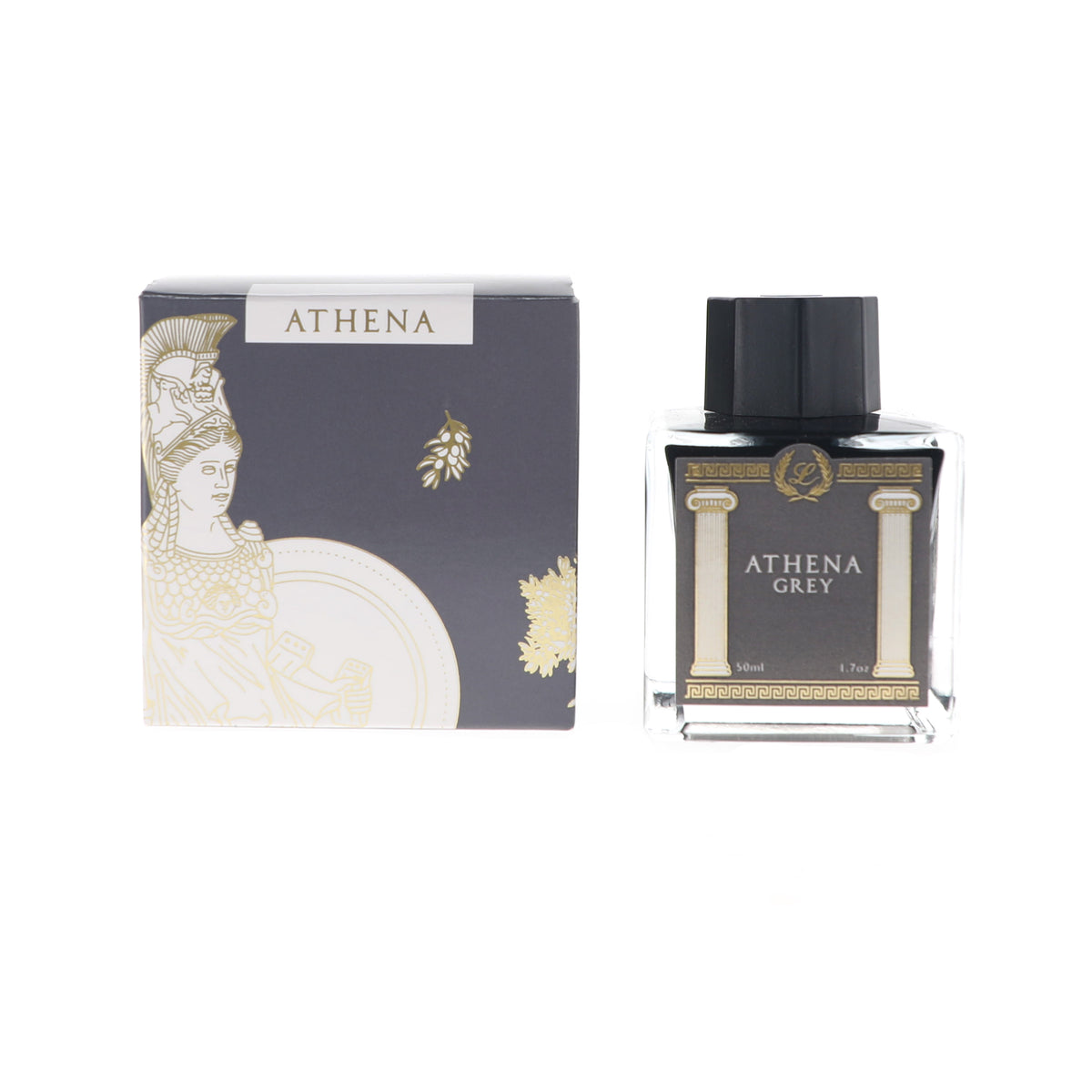 Athena Grey ink next to its packaging box, featuring a black cap, a black and gold label with classical column illustrations, and a dark grey box with gold accents and a classical figure.