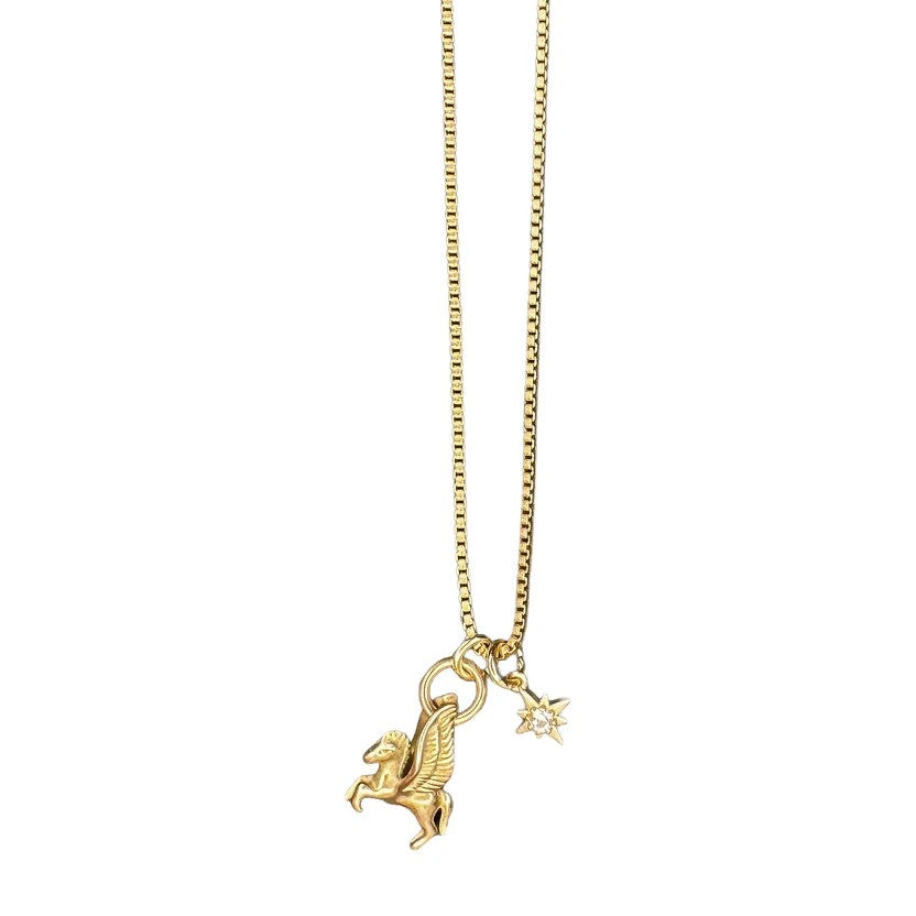 A gold-tone necklace featuring a winged horse (Pegasus) pendant and a small star charm, suspended from a box chain against a plain white background.