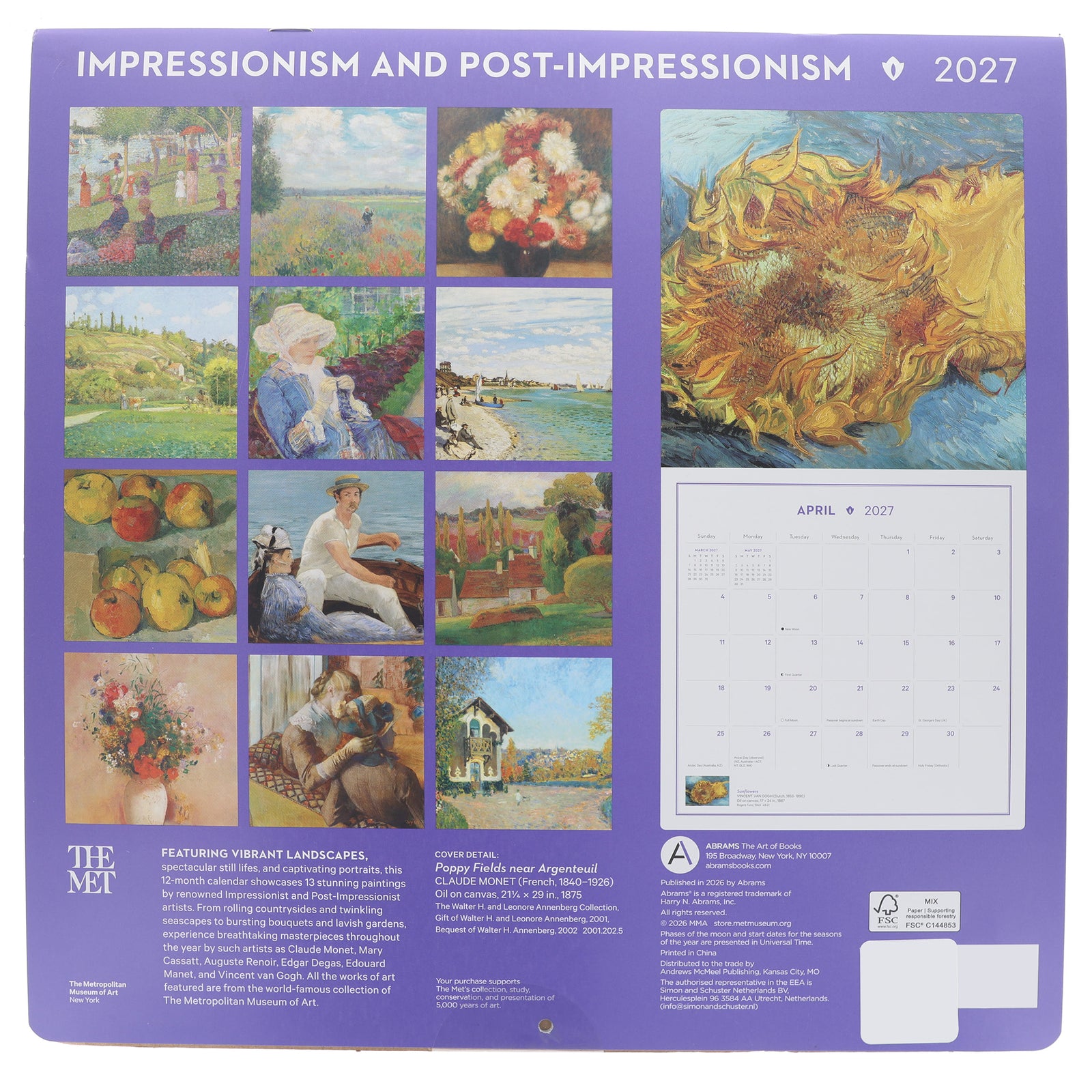 Calendar cover for Impressionism and Post-Impressionism 2027 featuring a painting of a landscape with a figure and trees.