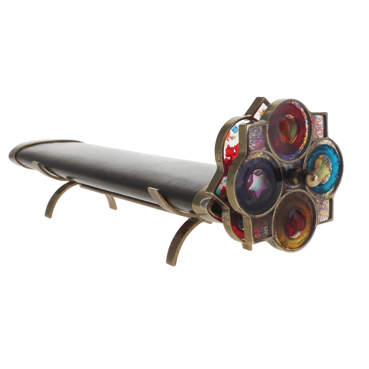 A decorative kaleidoscope featuring six colorful circular inlay details, shown on a white background.