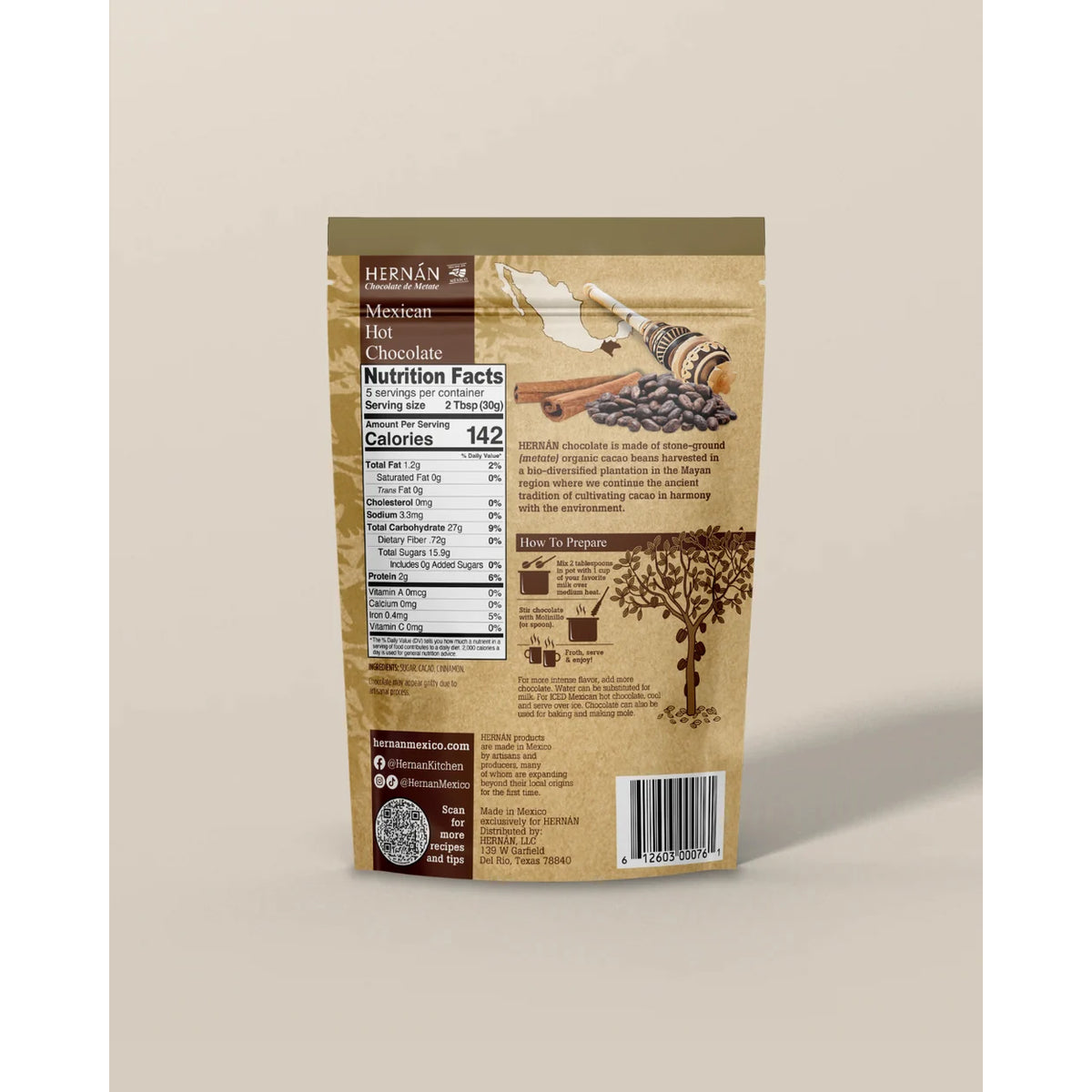 The back of a HERNÁN Mexican Hemp chocolate powder pouch, showing the nutrition facts, ingredients, and product details on a beige background.
