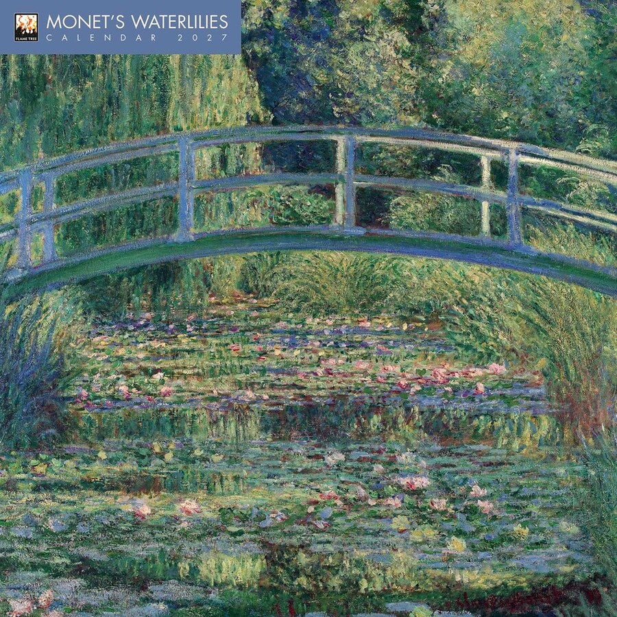 Monet's Waterlilies 2027 calendar cover featuring Claude Monet's impressionist watercolor painting of a Japanese bridge over water lilies in a pond.