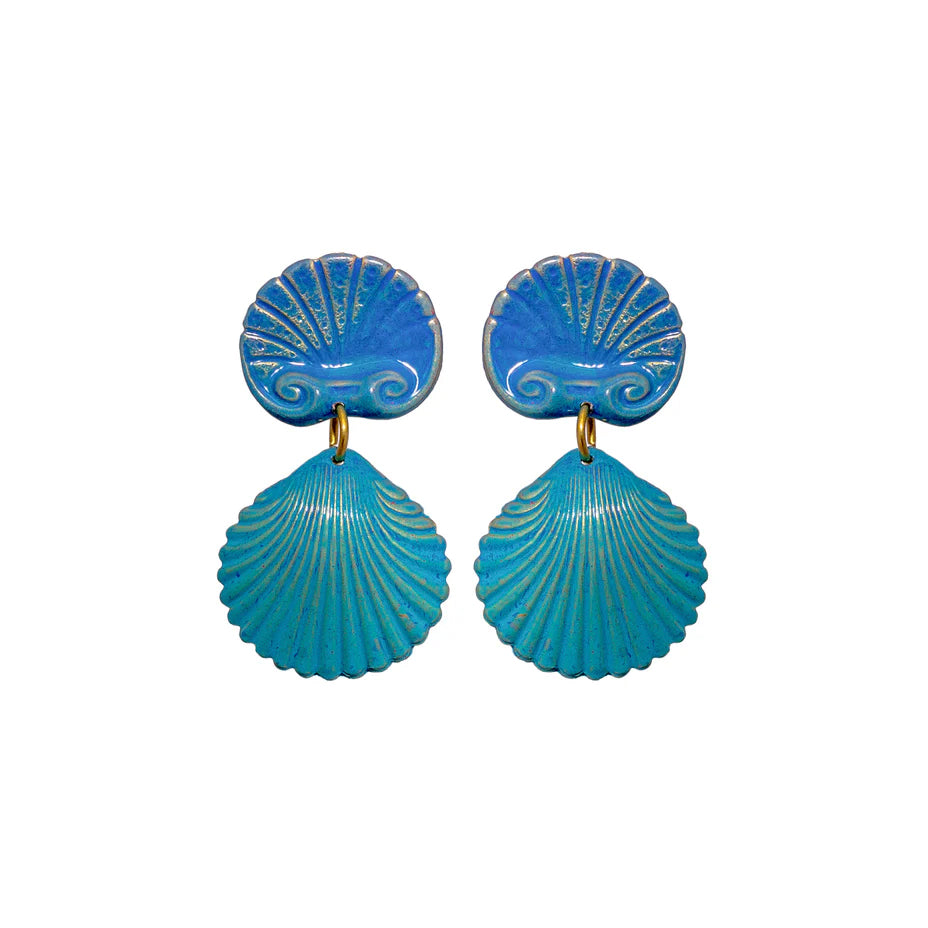 Pair of blue shell-shaped earrings on a white background