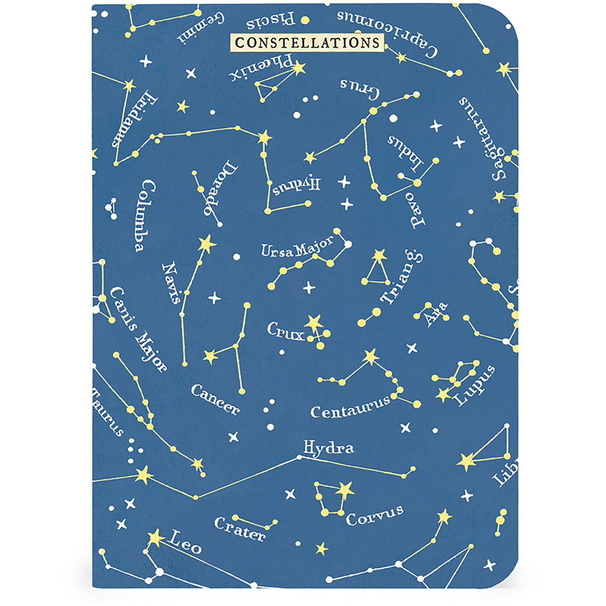 A blue notebook or journal cover featuring a white and yellow constellation pattern with various star names and constellations printed across the front.