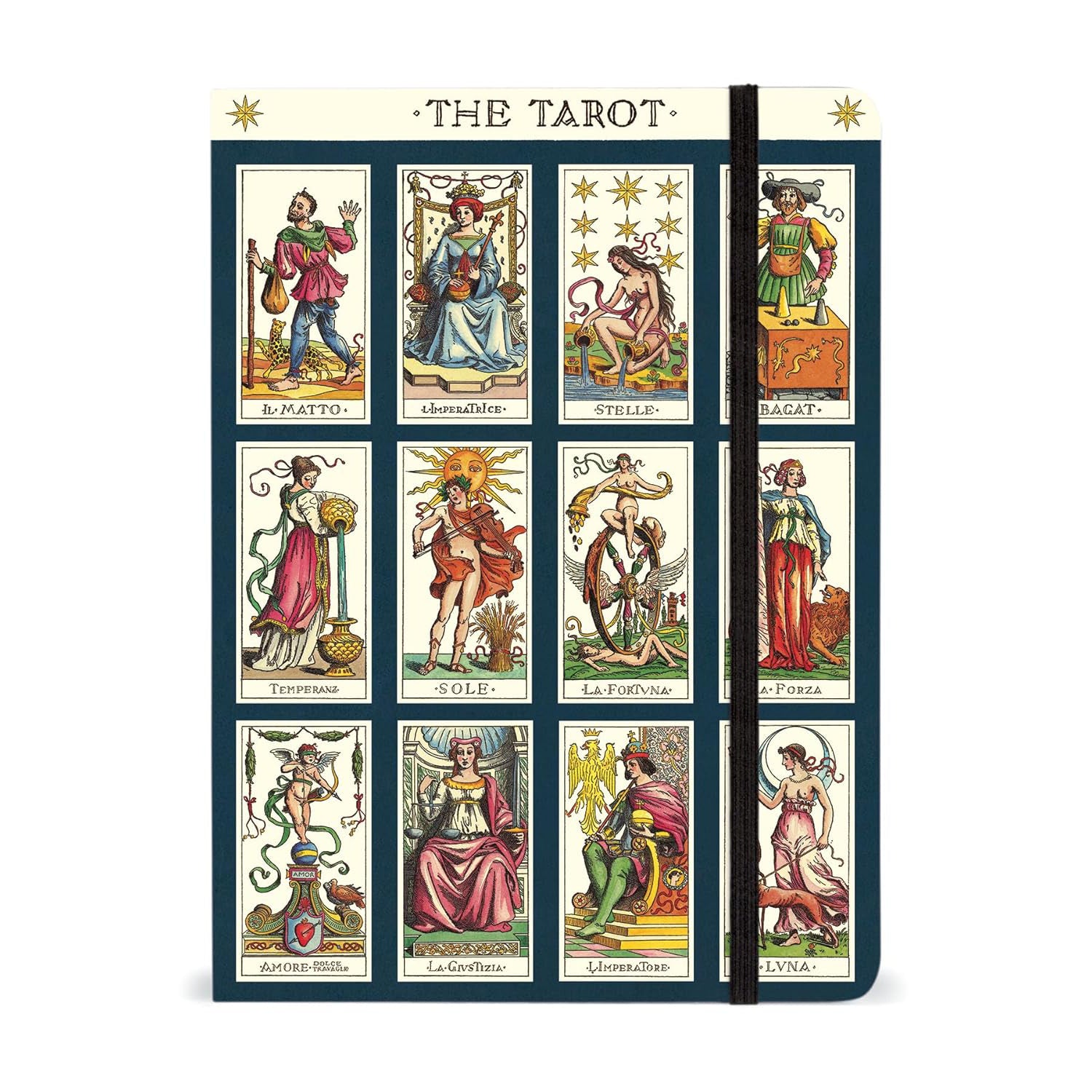 Tarot card design with colorful illustrations on a white background
